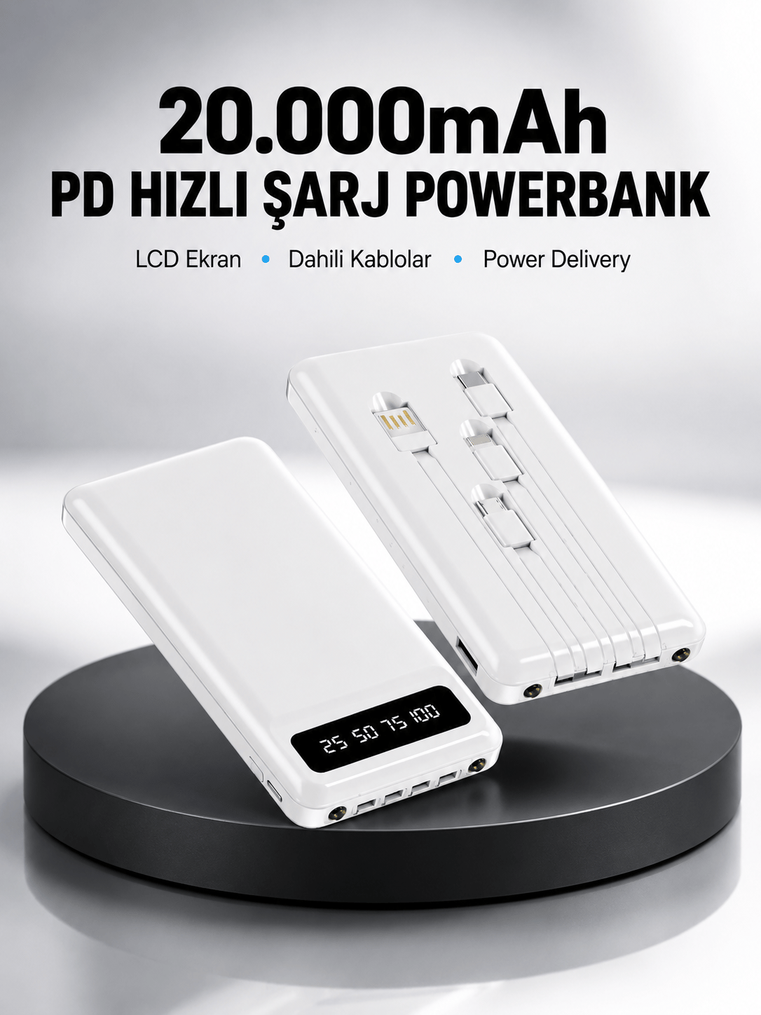 LED Işıklı 20.000mAh Powerbank LCD Gösterge Dahili Çoklu Kablo Yeni Nesil