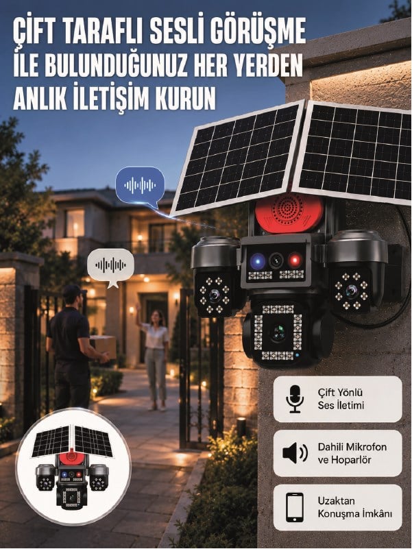 LED Projektörlü Sirenli Güneş Enerjili Akıllı Güvenlik Kamerası