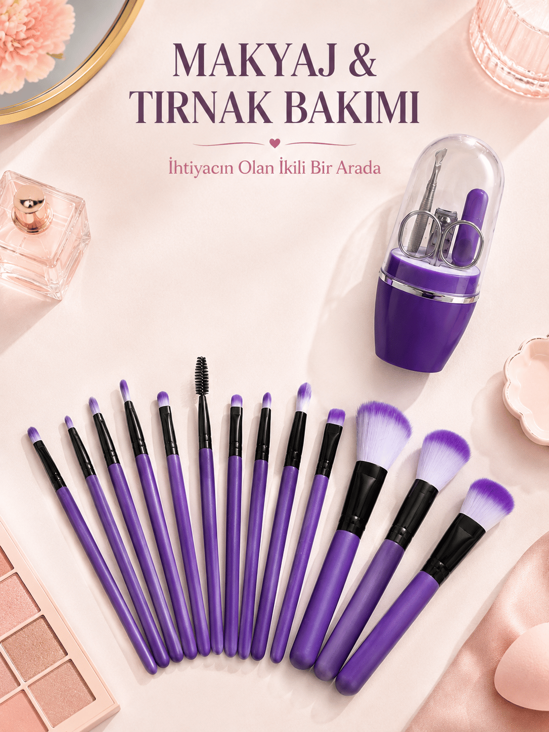 Makyaj ve Tırnak Bakım Seti 12’li Mor Makyaj Fırçaları Manikür Pedikür Seti Günlük Kişisel Bakım Paketi