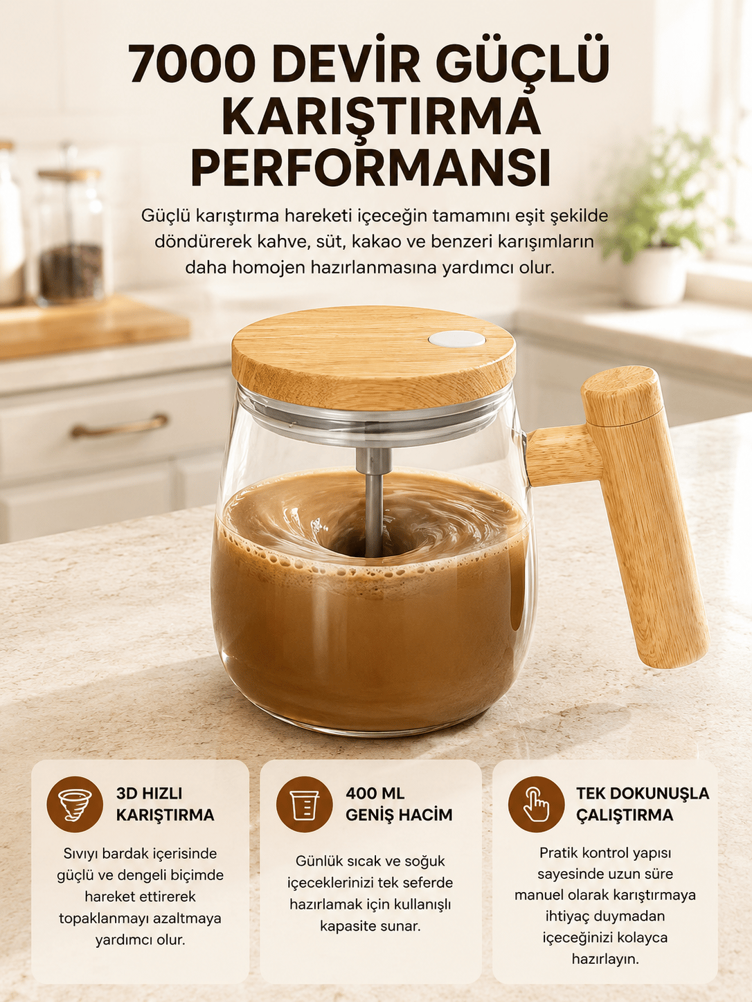 Manyetik Karıştırıcı Kupa – 400 ml, C Tipi Şarjlı, Akıllı Tasarım Yeni Nesil