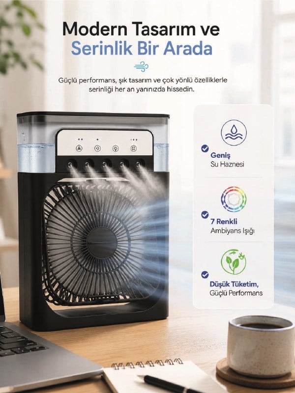 Masaüstü Püskürtmeli Serinletici Fan 5 Sisleme, 3 Fan Hızı, 7 Renk Ambiyans Işığı