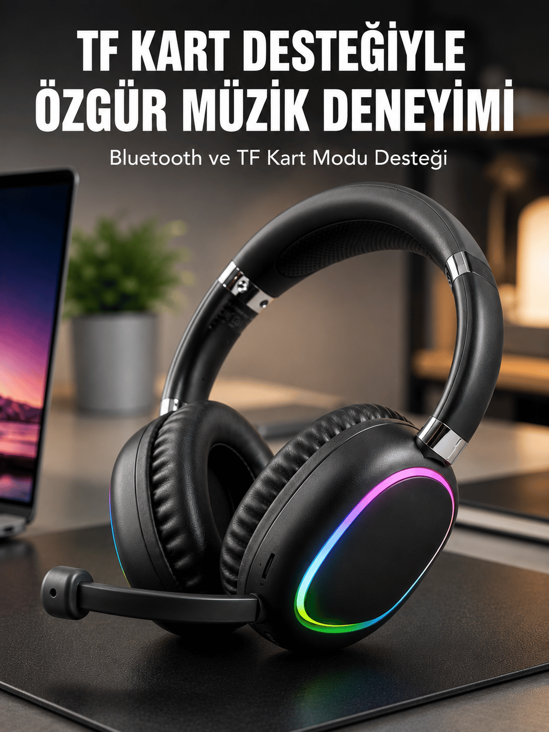 Mikrofonlu Bluetooth Kulak Üstü Kulaklık RGB Aydınlatmalı Type-C Şarjlı