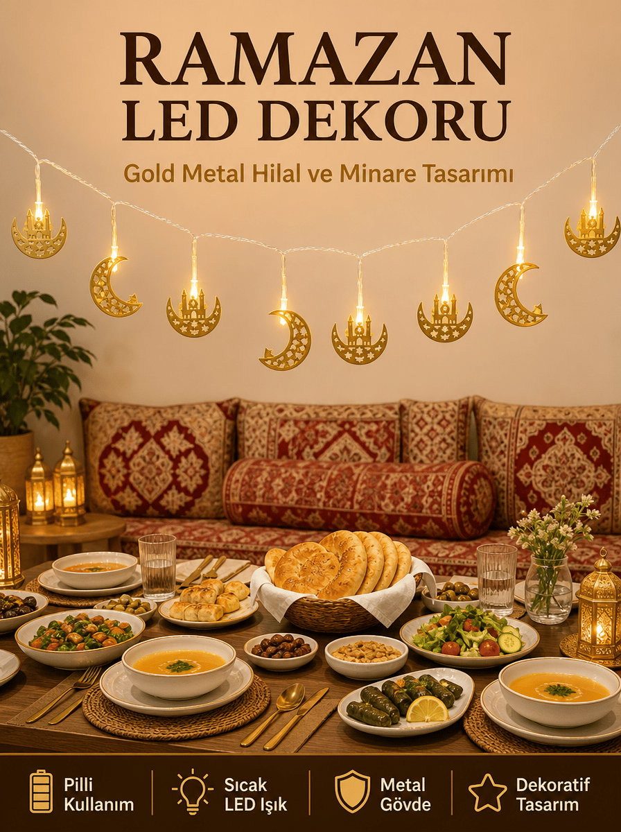 Minareli Hilal LED Işık Gold Metal Gövdeli Pilli Ramazan Dekoru