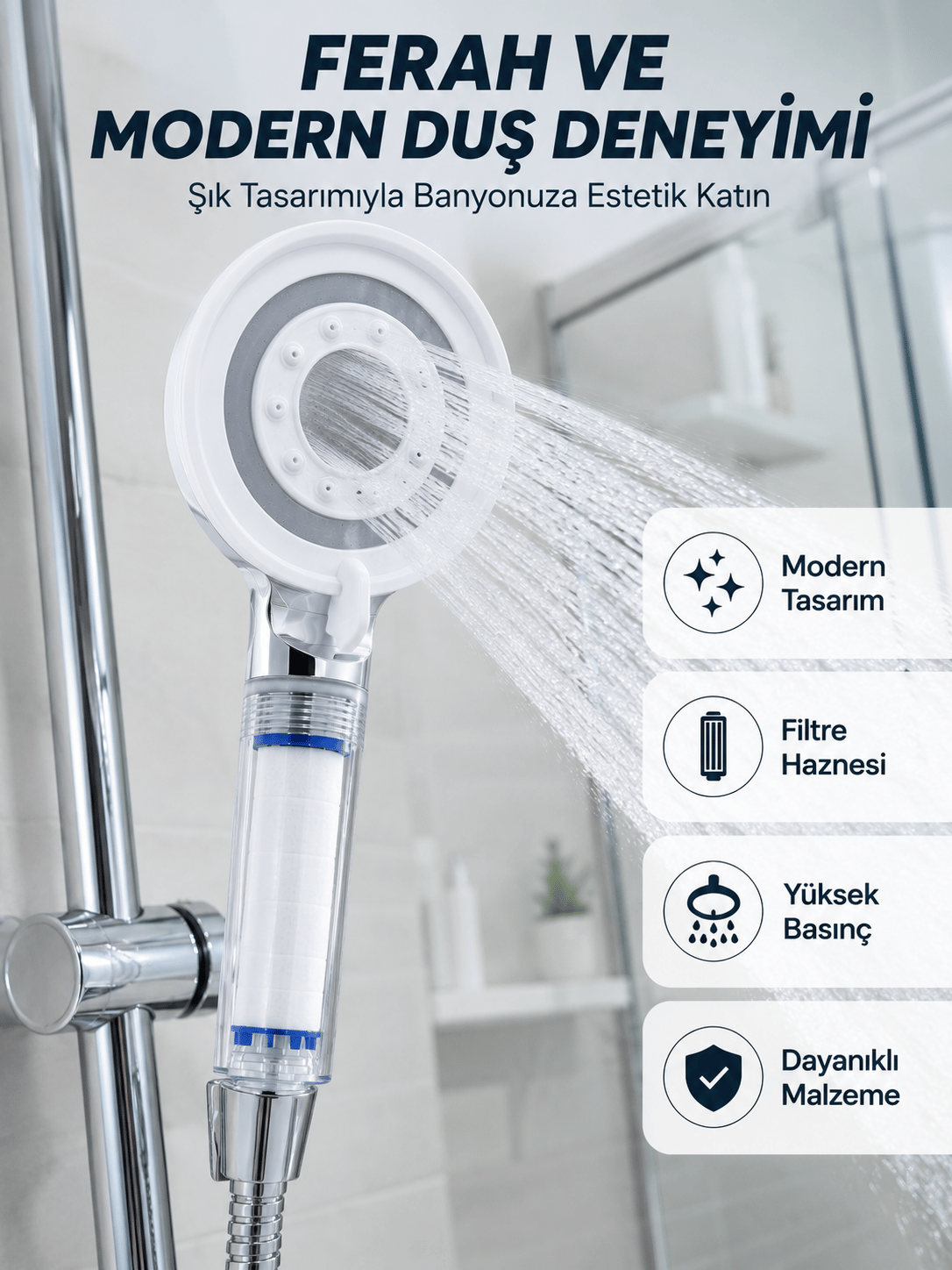 Mineral Taşlı Filtreli Duş Başlığı Güçlü Su Basınçlı Banyo Başlığı