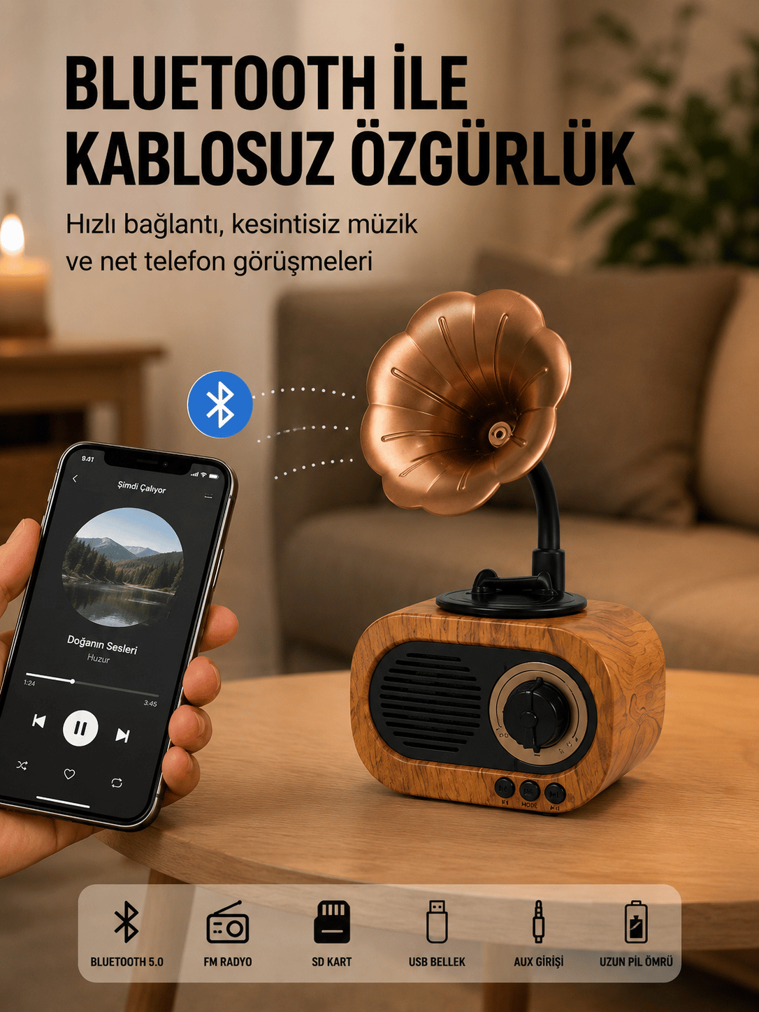 Mini Nostaljik Bluetooth Hoparlör FM Radyo 8 Saat Batarya Yeni Nesil