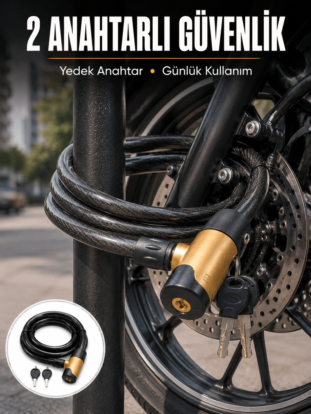 Motosiklet, Bisiklet ve Elektrikli Scooter İçin Ağır Hizmet Tipi Çelik Halat Kilidi