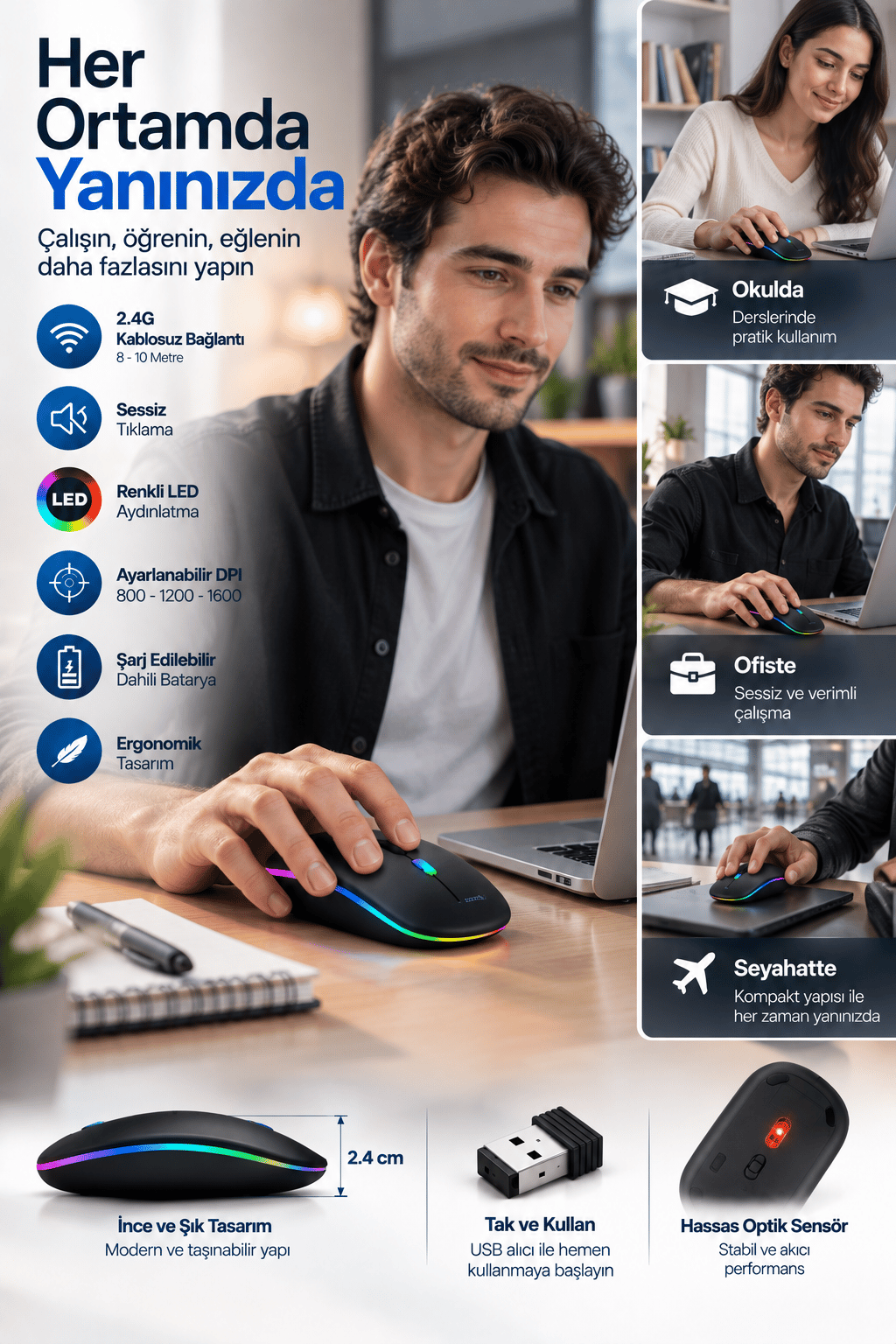 Ofis Ev Okul Kullanımına Uygun Şarjlı Kablosuz Mouse