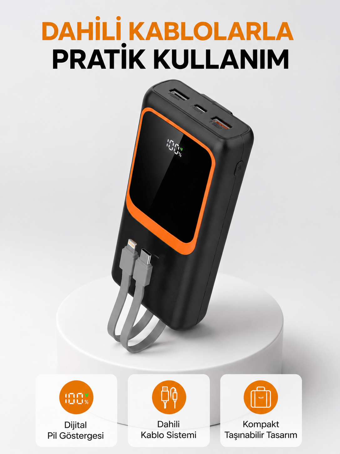 Powerbank 20000 mAh Dijital Ekranlı ve Çok Kablolu Hızlı Şarj Cihazı