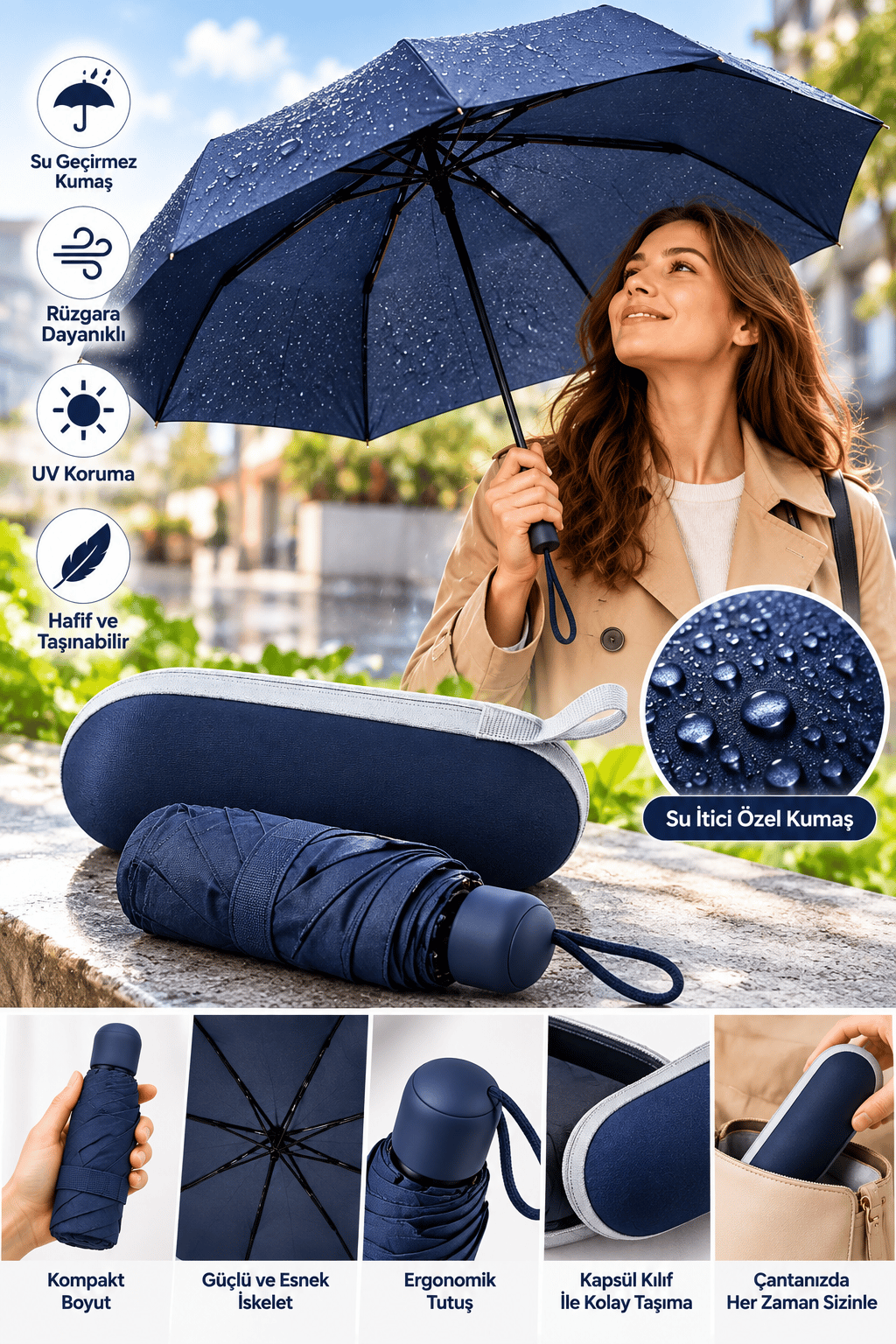 Pratik Taşınabilir Lacivert Kapsül Şemsiye Su İtici Kumaş Ergonomik Kullanım