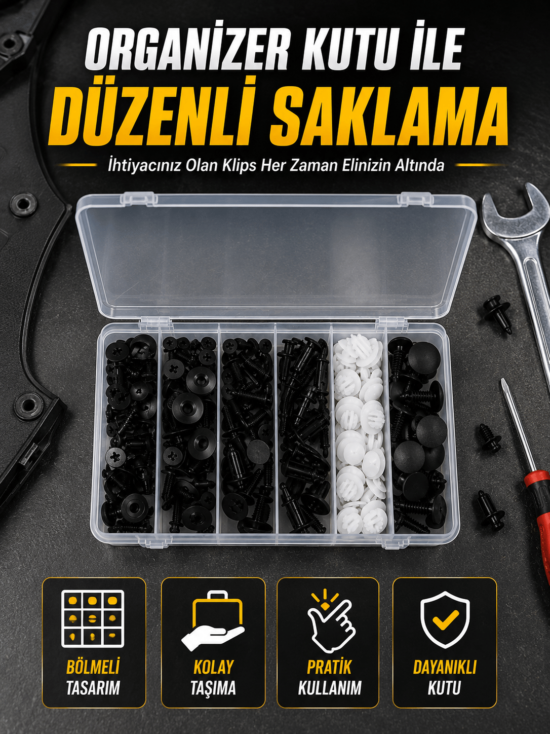 Profesyonel Oto Klips Tamir Seti 6 Farklı Model Plastik Sabitleme Pimi Organizer Kutulu