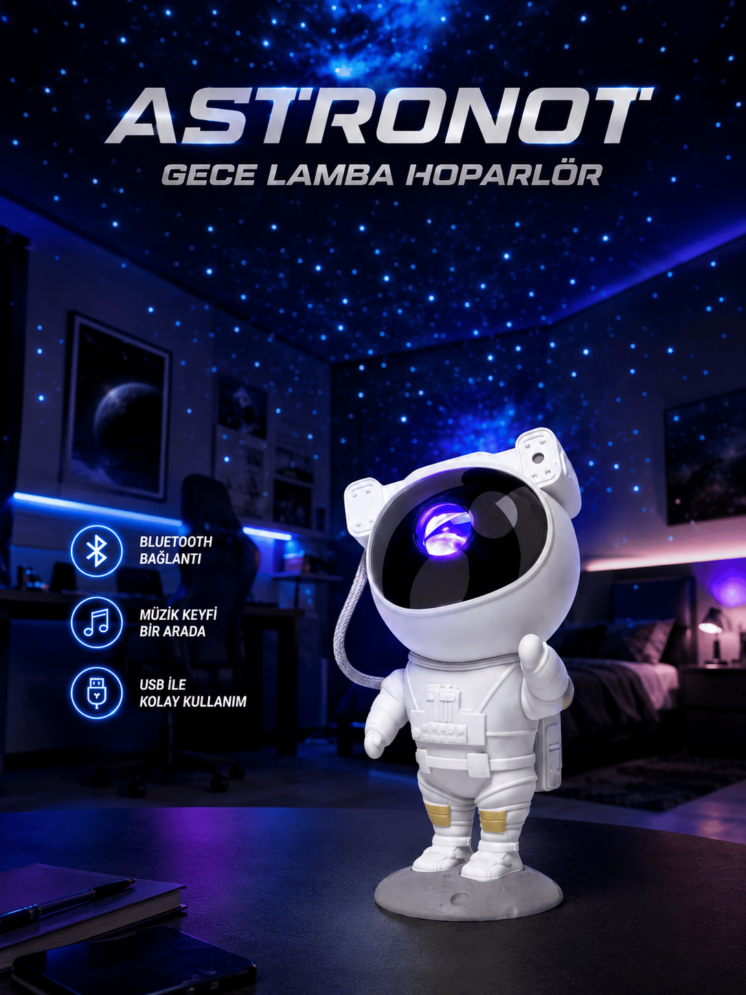 Projeksiyon Astronot Lamba Speaker Sevimli Astronot Bluetooth Hoparlör Yeni Nesil