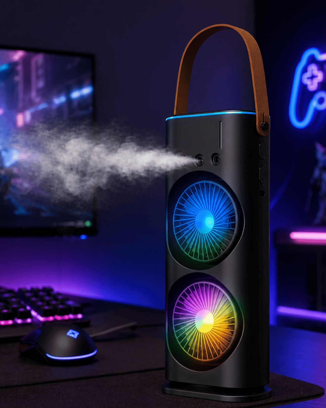RGB Işıklı Spreyli Masa Fanı Çift Motorlu Güçlü Üflemeli Taşınabilir Fan