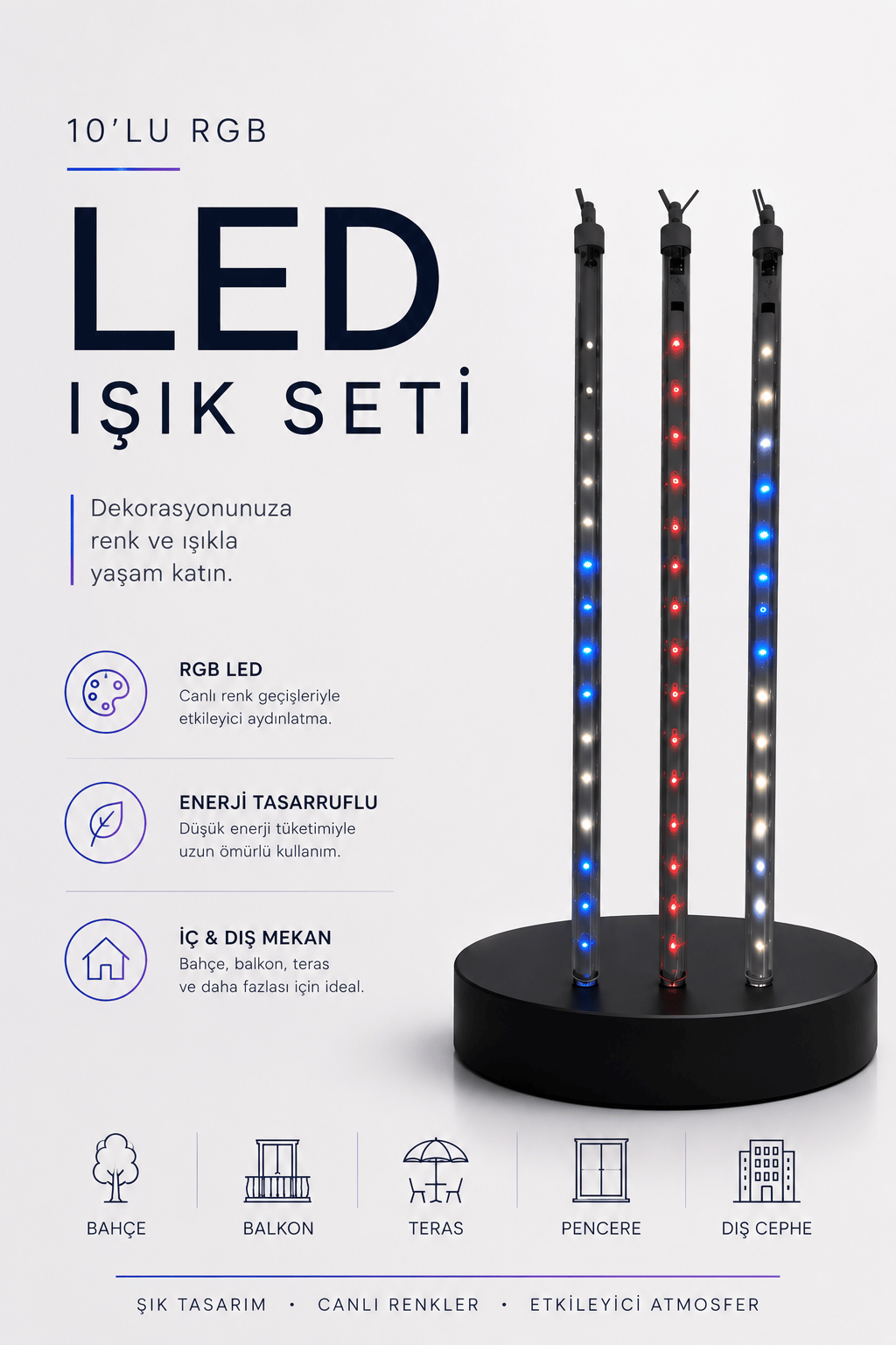 RGB LED Dış Ve İç Mekan Süsleme Işığı 10 Çubuklu Şerit