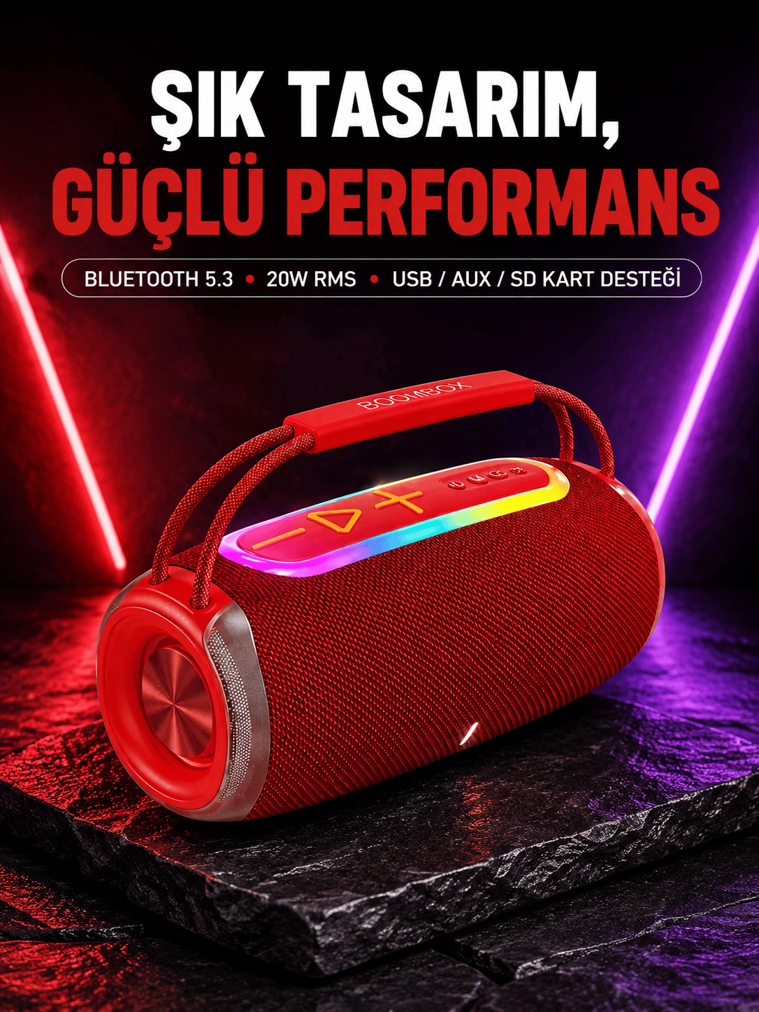 RGB LED Işıklı 20W Taşınabilir Bluetooth Hoparlör IPX6 Suya Dayanıklı