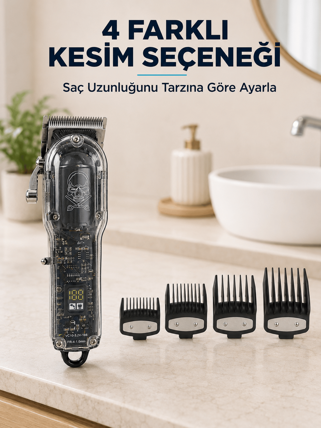 Saç Kesme ve Tıraş Makinesi 4 Kılavuz Taraklı Ayarlanabilir Bıçaklı LCD Ekranlı Şarj Edilebilir Profesyonel Tasarım