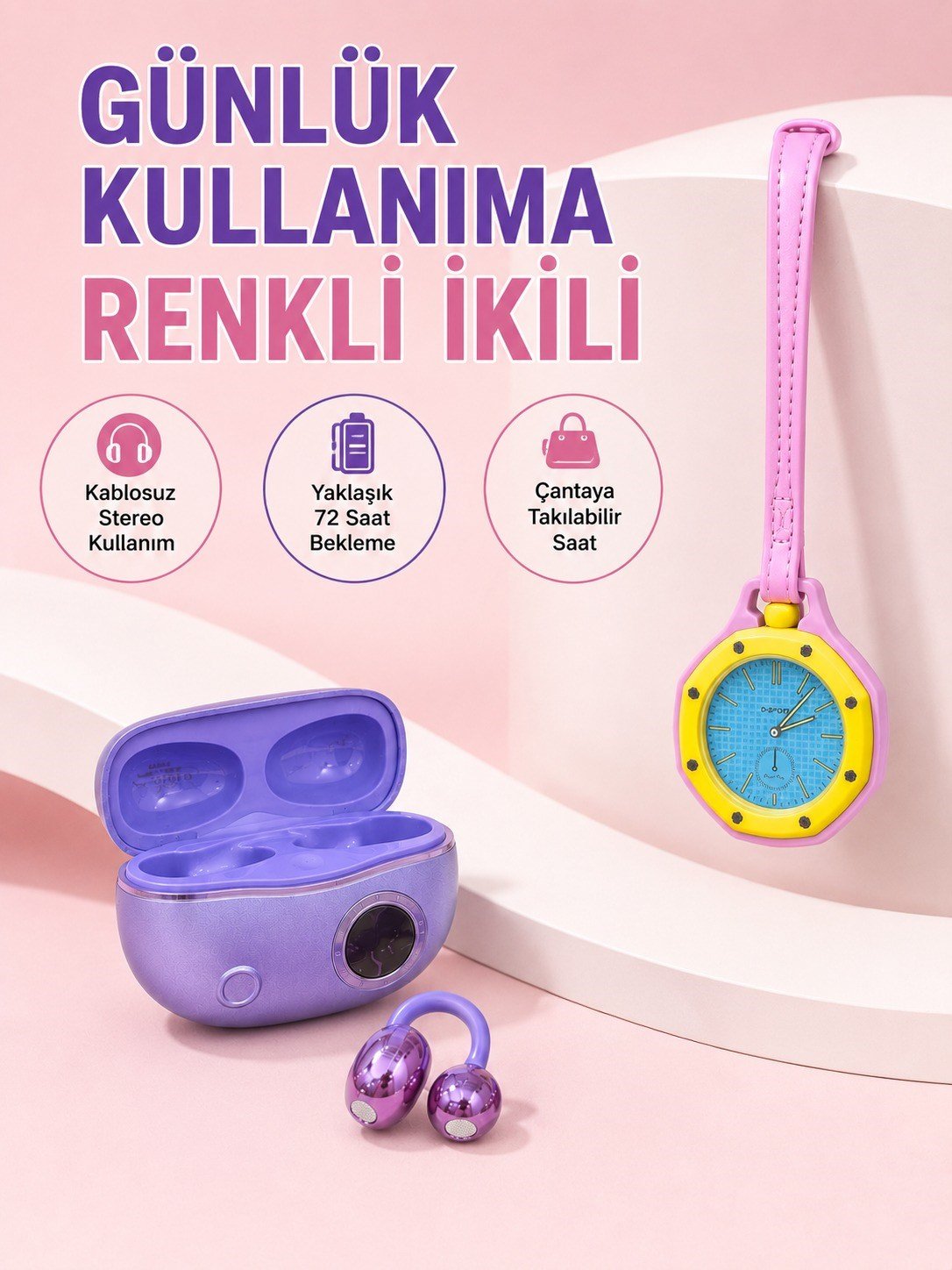 Şarj Kutulu Kablosuz Kulaklık ve Pembe Çanta Charm Analog Saat Seti Müzik ve Aksesuar Bir Arada