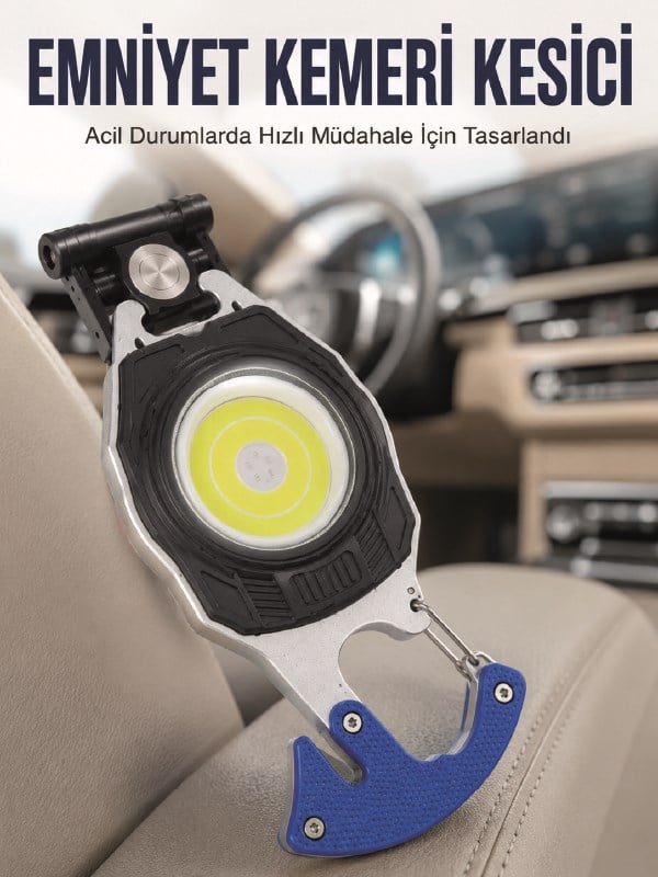 Şarjlı Acil Durum Feneri Elektronik Çakmak Tornavida ve Emniyet Kemeri Kesicili Taşınabilir El Feneri