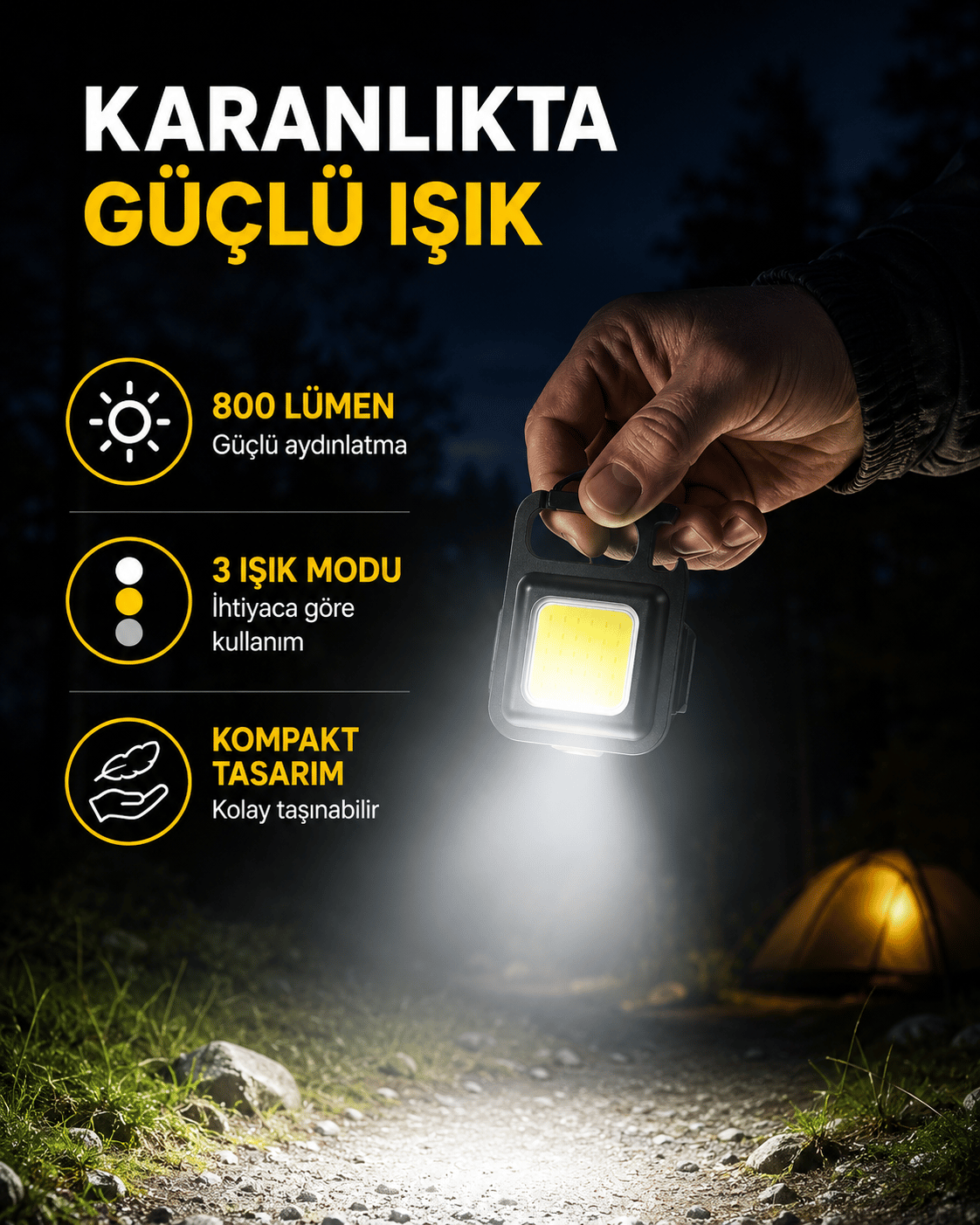 Şarjlı COB LED Anahtarlık Fener – 4 Modlu, Manyetik ve Katlanabilir Standlı Yeni Nesil