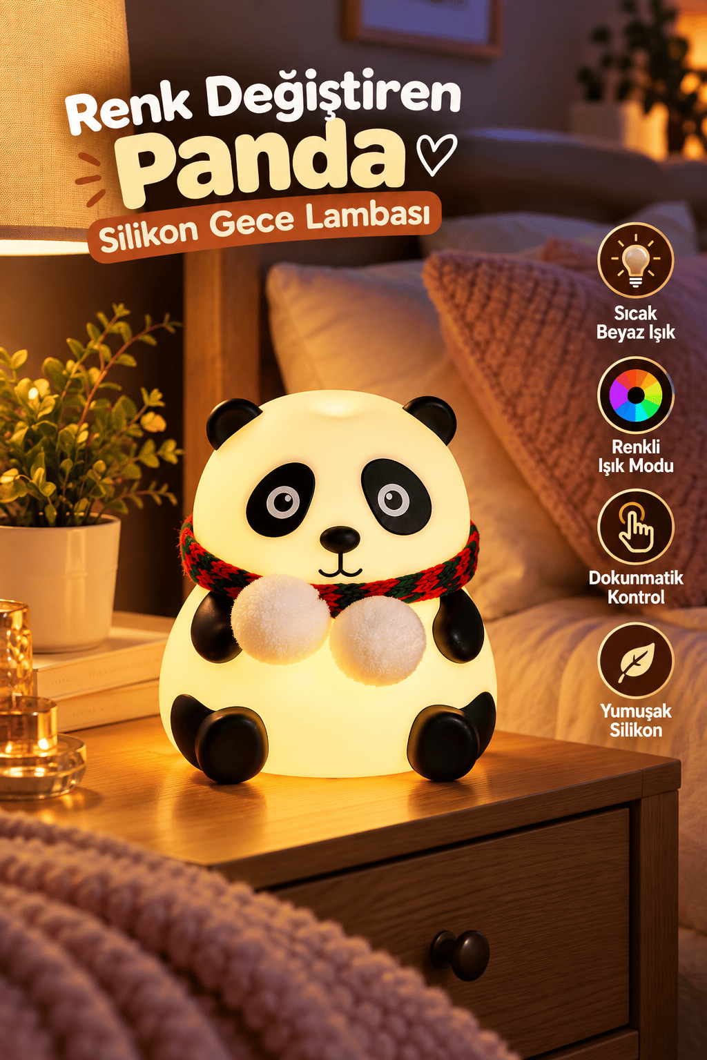 Sevimli Panda Silikon Gece Lambası Renkli Işık Modu Dokunmatik Kontrollü Aydınlatma