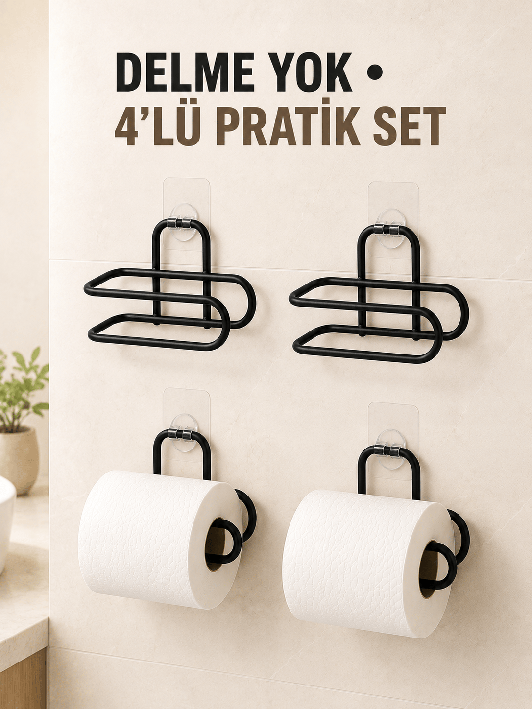 Siyah 4 Adet Metal Tuvalet Kağıdı Tutucu Kendinden Yapışkanlı Delmeden Montaj Banyo Askısı