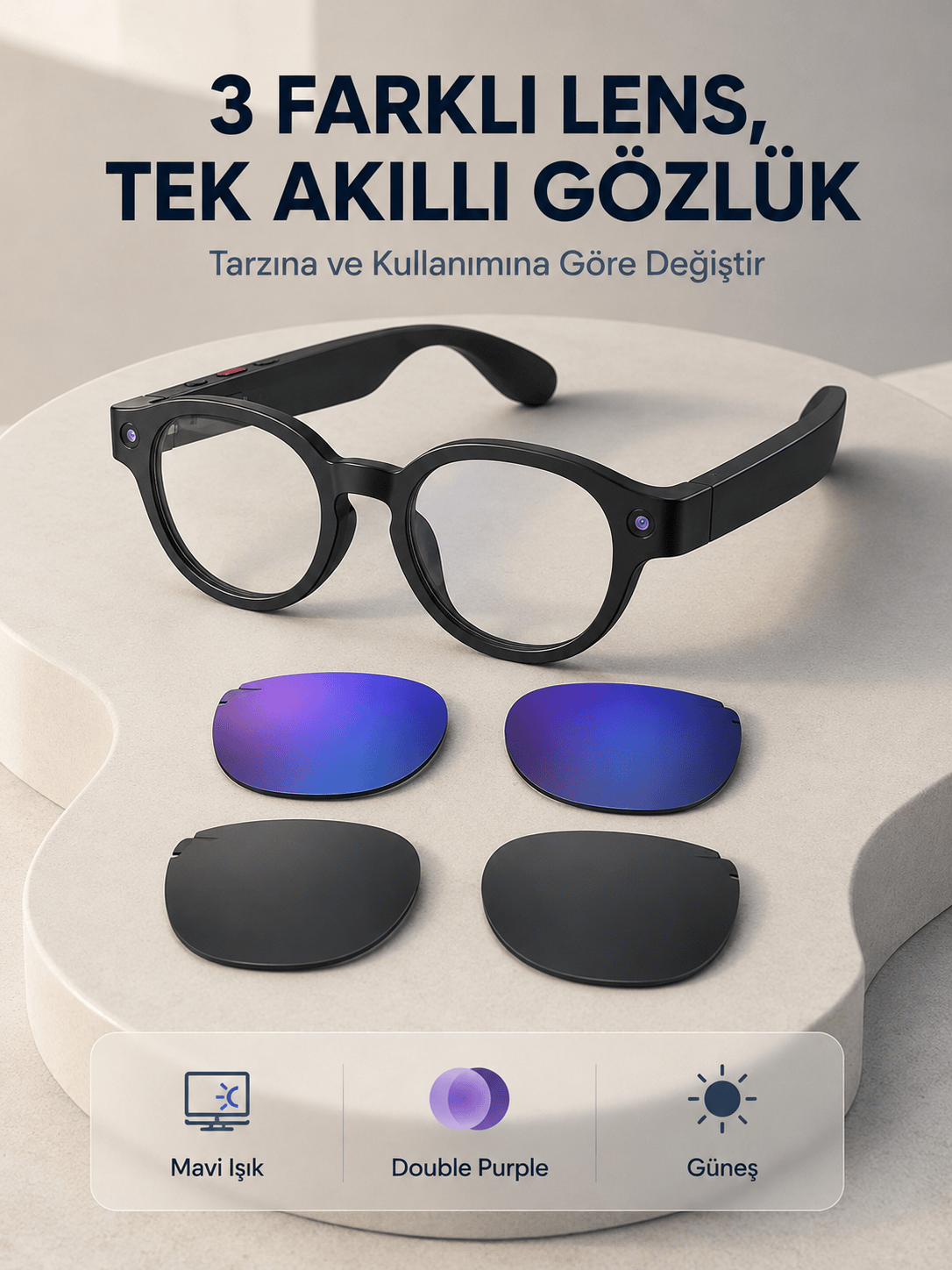 Siyah Akıllı Kamera Gözlüğü Fotoğraf Video Çekimli Yapay Zeka Destekli Bluetooth Çoklu Dil Çeviri 3 Lensli
