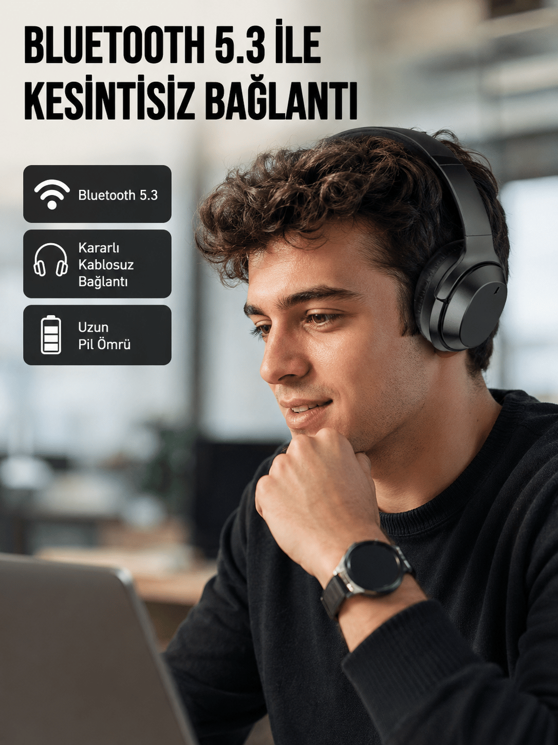 Siyah Kablosuz Bluetooth Kulaklık 300 mAh Hızlı Şarj Katlanabilir Pedli Yeni Nesil