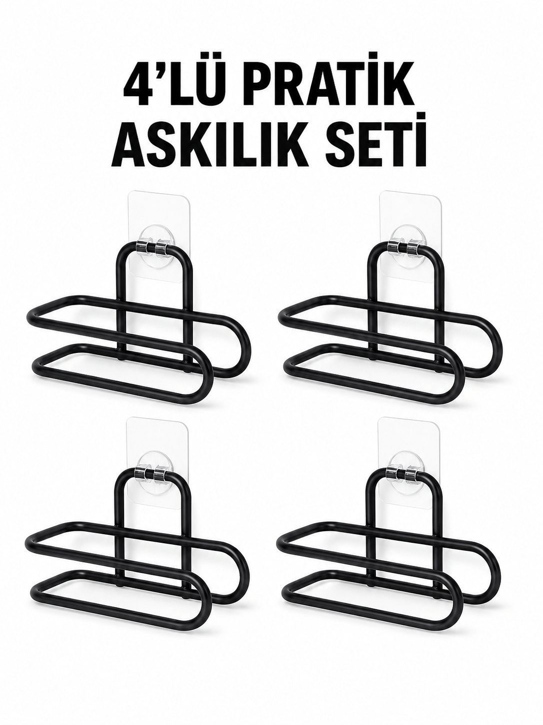 Siyah Metal WC Kağıtlık Yapışkanlı Duvar Tipi Tuvalet Kağıdı Tutucu Seti 4 Adet