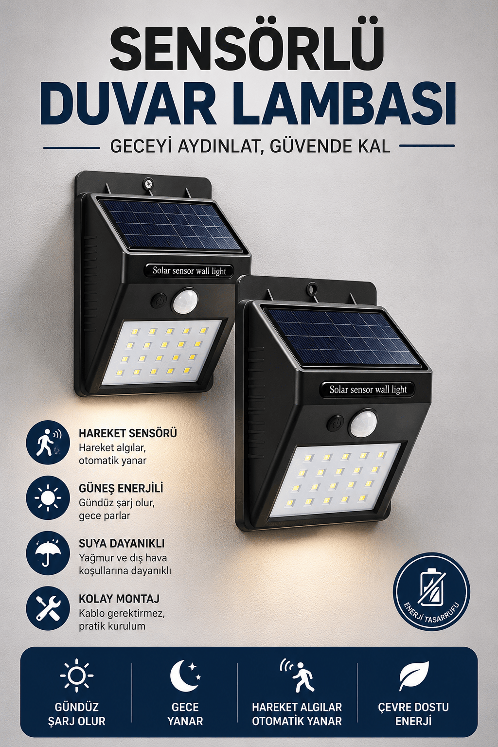 Solar Sensörlü Duvar Lambası Bahçe Lamba 20 Led Işık
