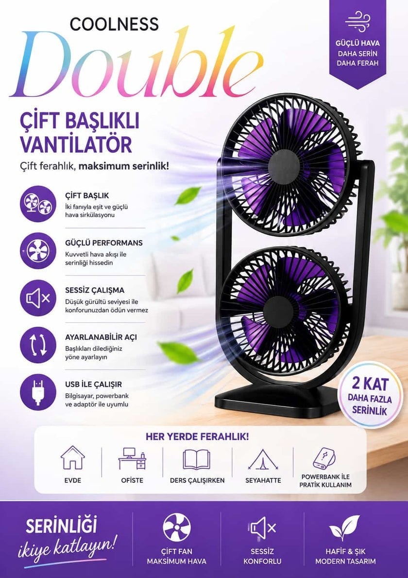 SPRAY DOUBLE FAN Şarjlı Buharlı Serinletici Fan Rgb Işıklı Çift Pervaneli Masa Fanı
