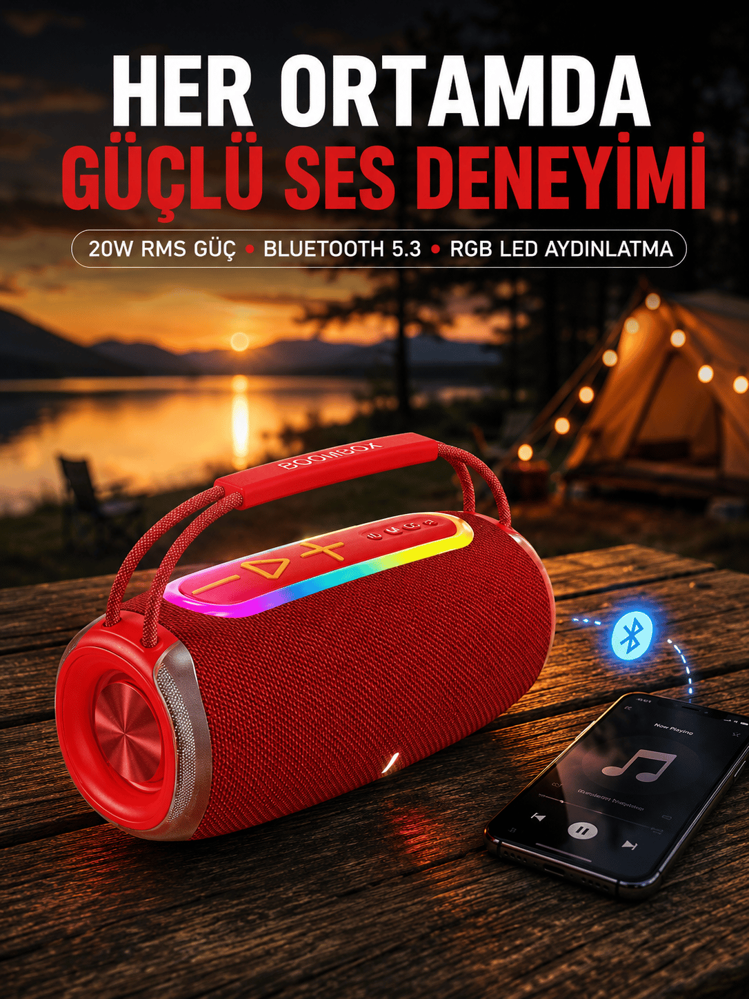Suya Dayanıklı 20W RGB Hoparlör Bluetooth, USB, SD Kart ve AUX Girişli