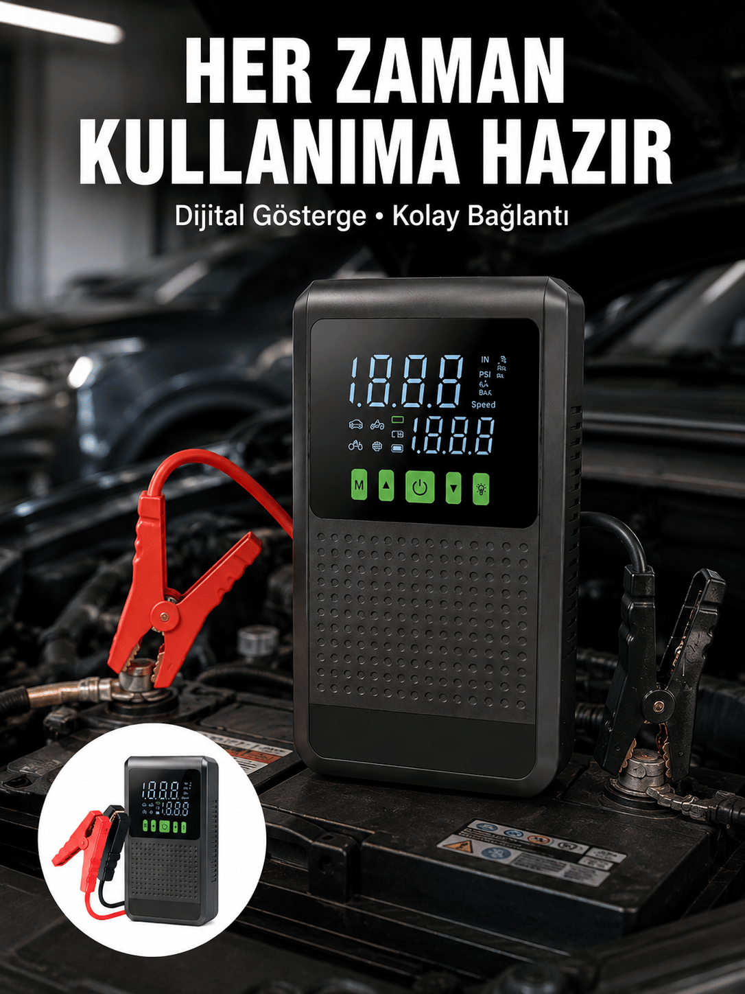 Taşınabilir Araç Akü Şarj Takviye Cihazı 150 PSI Dijital Kompresör Yeni Nesil