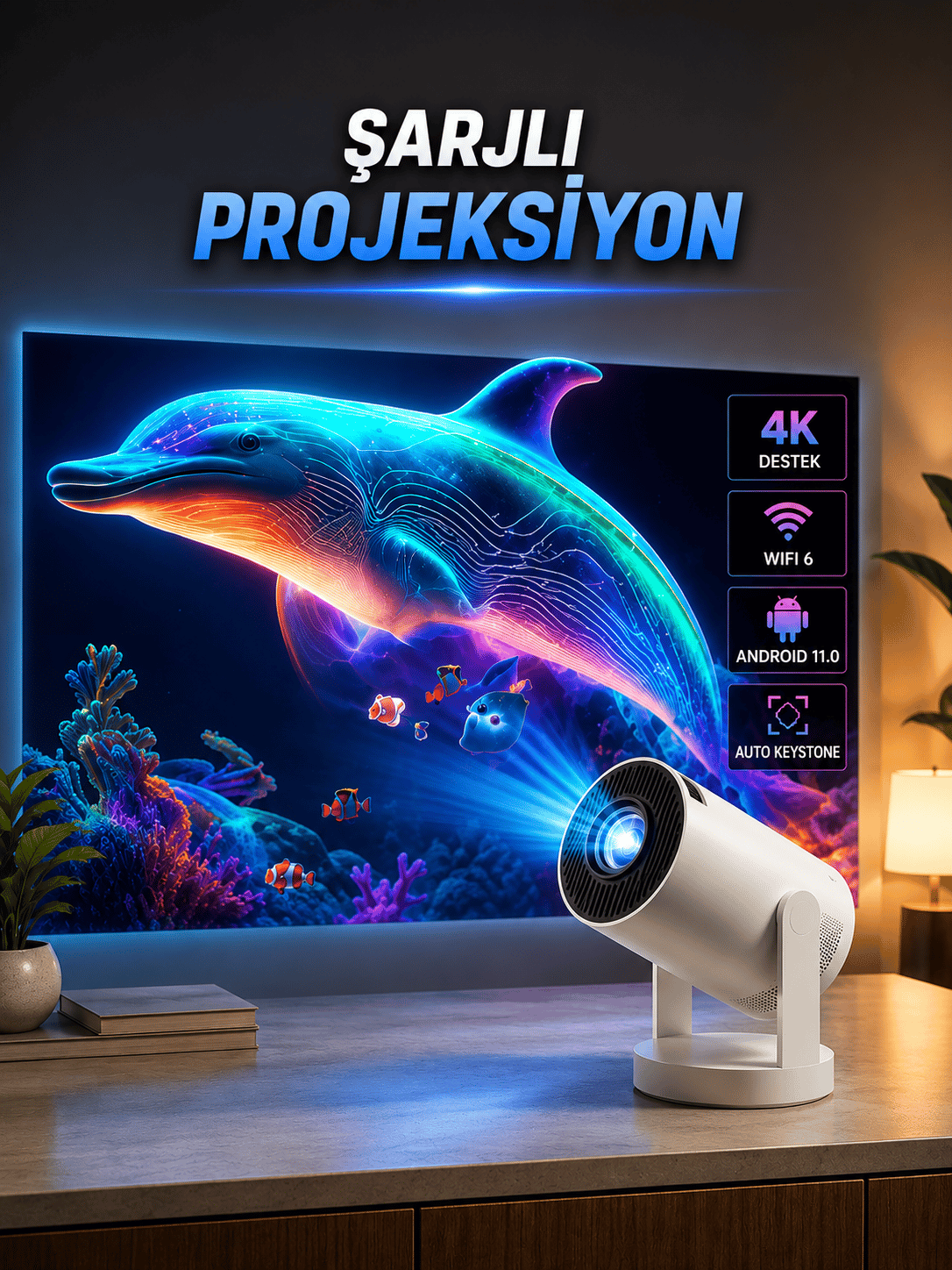Taşınabilir Sinema Oyun Projektörü Akıllı Projeksiyon Android 11