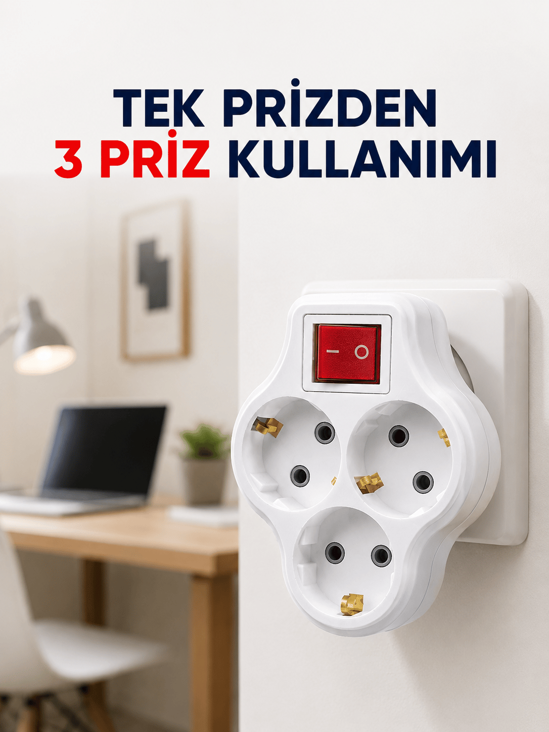 Tek Prizi 3’lü Yapan Anahtarlı Priz Adaptörü Topraklı Priz Çoğaltıcı