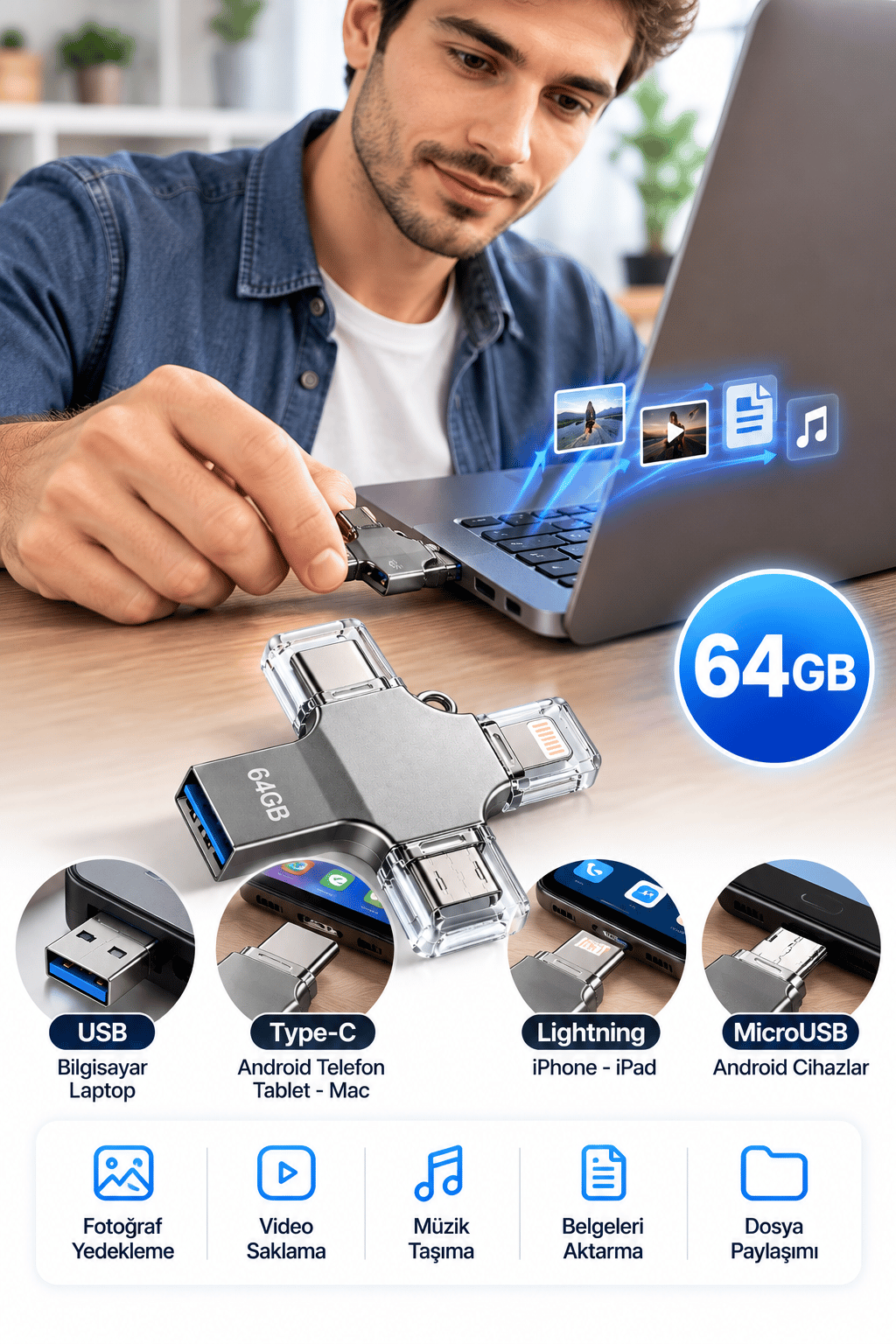 Tek Ürünle Birden Fazla Cihazda Kullanım Sunan 64GB Lightning Type C USB MicroUSB Girişli Flash Bellek