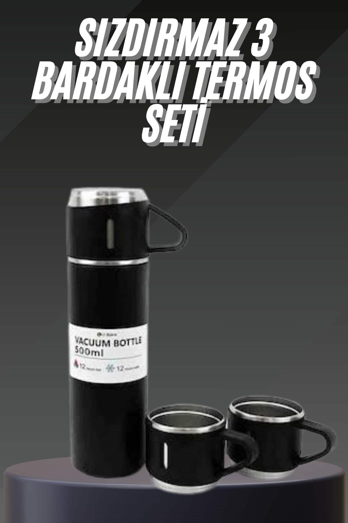 Termos Seti Paslanmaz Çelik 3 Bardaklı Vakumlu Termos Set 500 Ml 12 Saate Kadar Isı Koruma