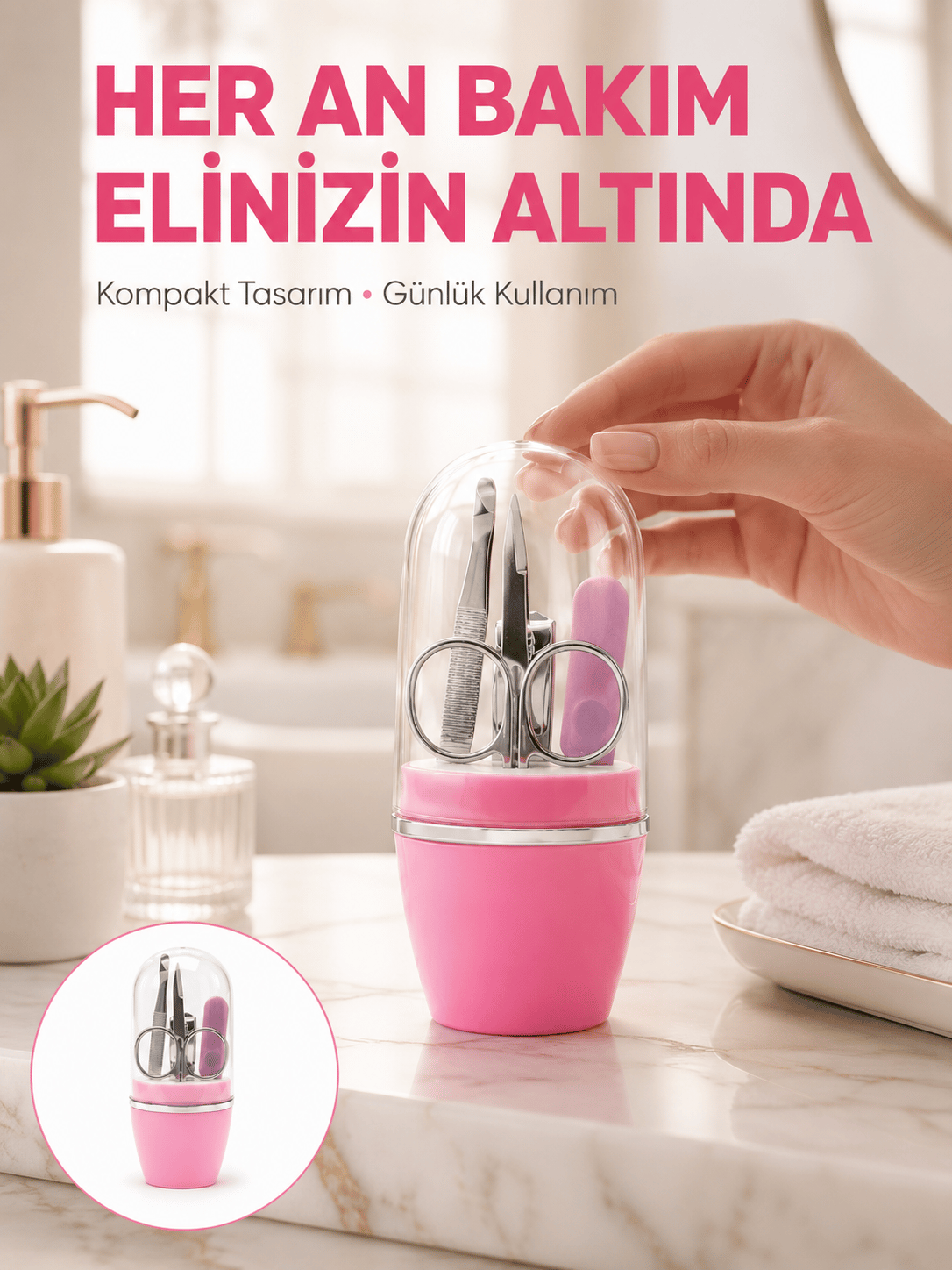 Tırnak Bakım Manikür Pedikür Seti 4 Parça Pembe Pratik Günlük Kullanım Yeni Nesil