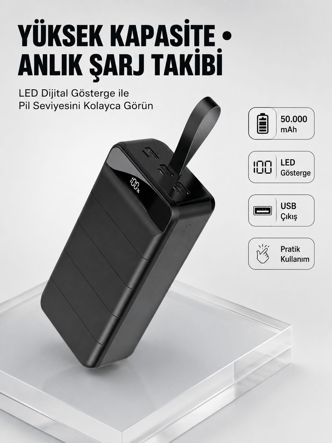 Tüm Cihazlarla Uyumlu 50.000 mAh Powerbank – Yüksek Kapasiteli, LED Gösterge ve Akıllı Koruma Fonksiyonlu