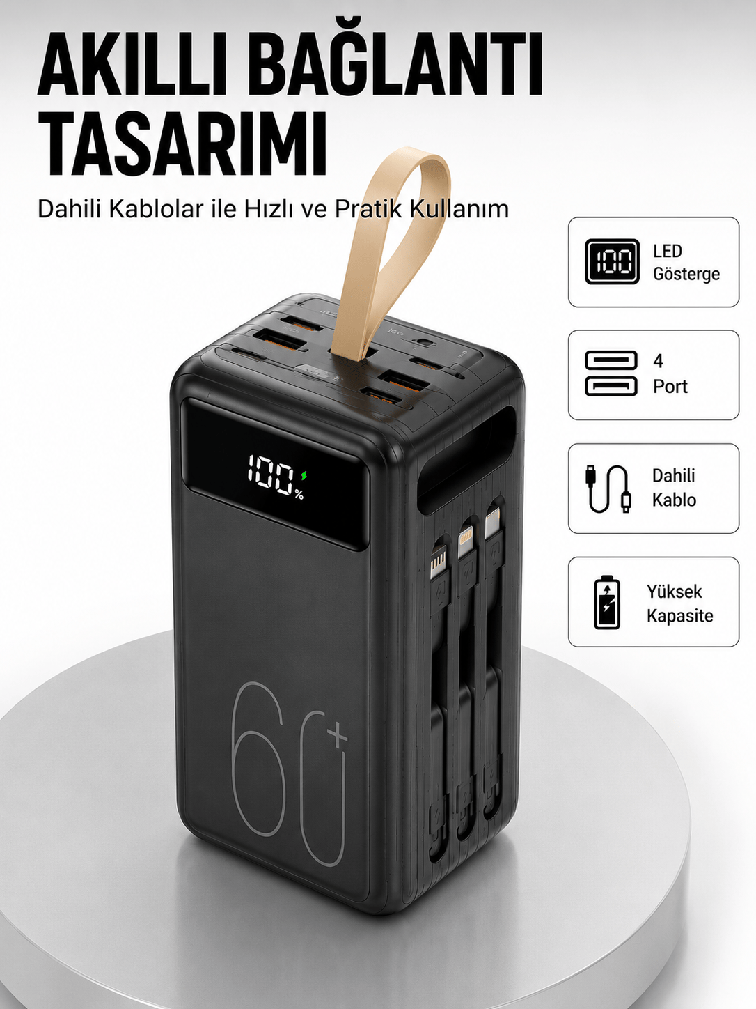 Tüm Cihazlarla Uyumlu LED Fenerli 4 Çıkışlı Powerbank Yeni Nesil