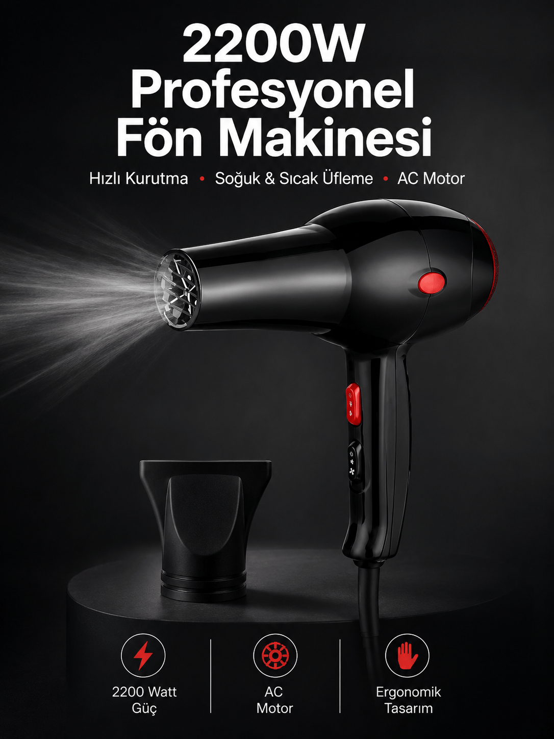 Tüm Saç Tiplerine Uygun, İki Kademeli Hız Ayarlı Fön Makinesi