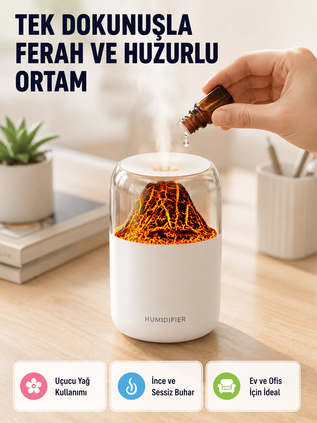 Ultrasonik Alev Efektli Aromaterapi Difüzörü USB Şarjlı ve Otomatik Kapanma Özellikli