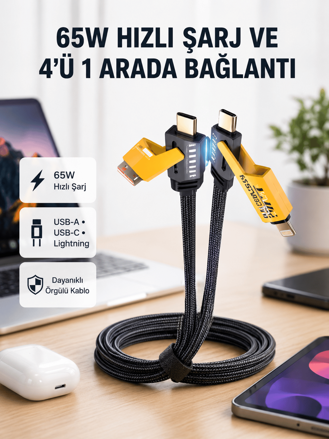 USB-C USB-A 4’ü 1 Arada Örgülü Kablo 65W Hızlı Şarj Metal Uç Dayanıklı