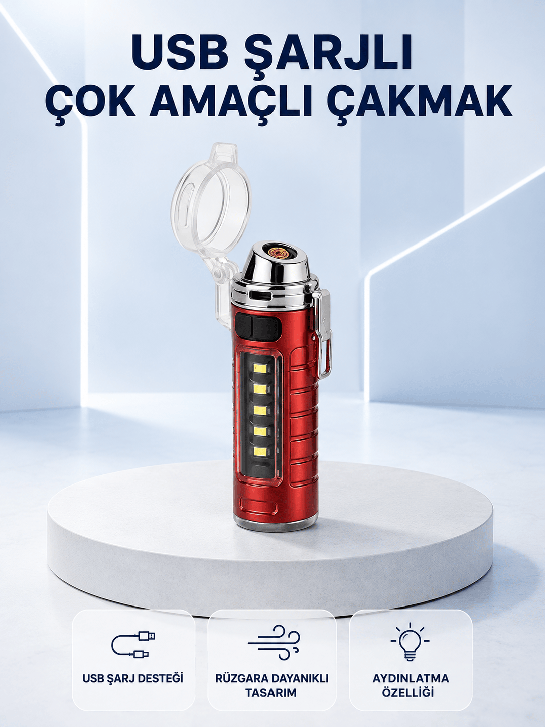 USB Şarjlı Rüzgar Geçirmez Elektrikli Çakmak El Fenerli