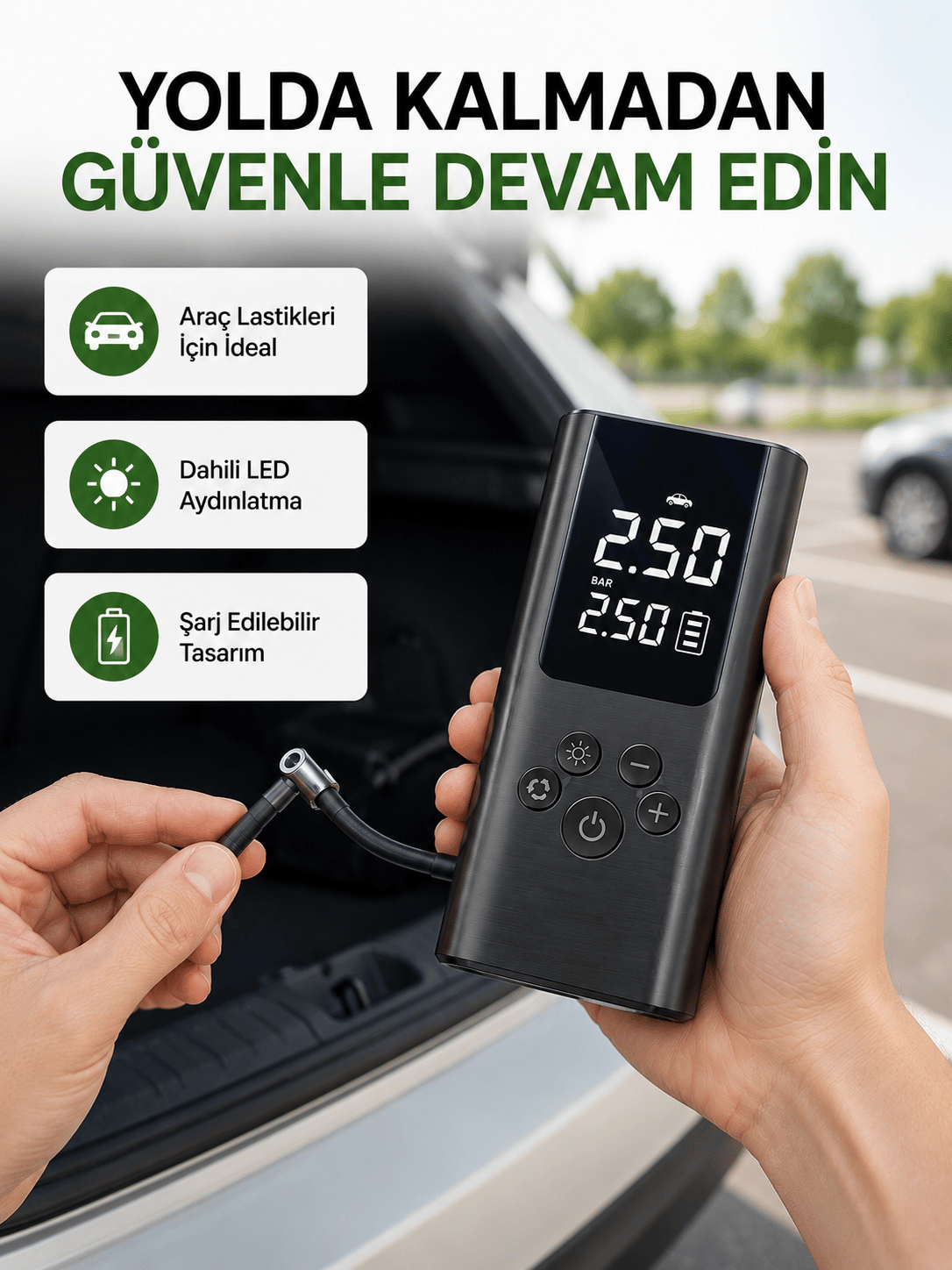 USB Şarjlı Taşınabilir Hava Kompresörü Dijital Ekranlı