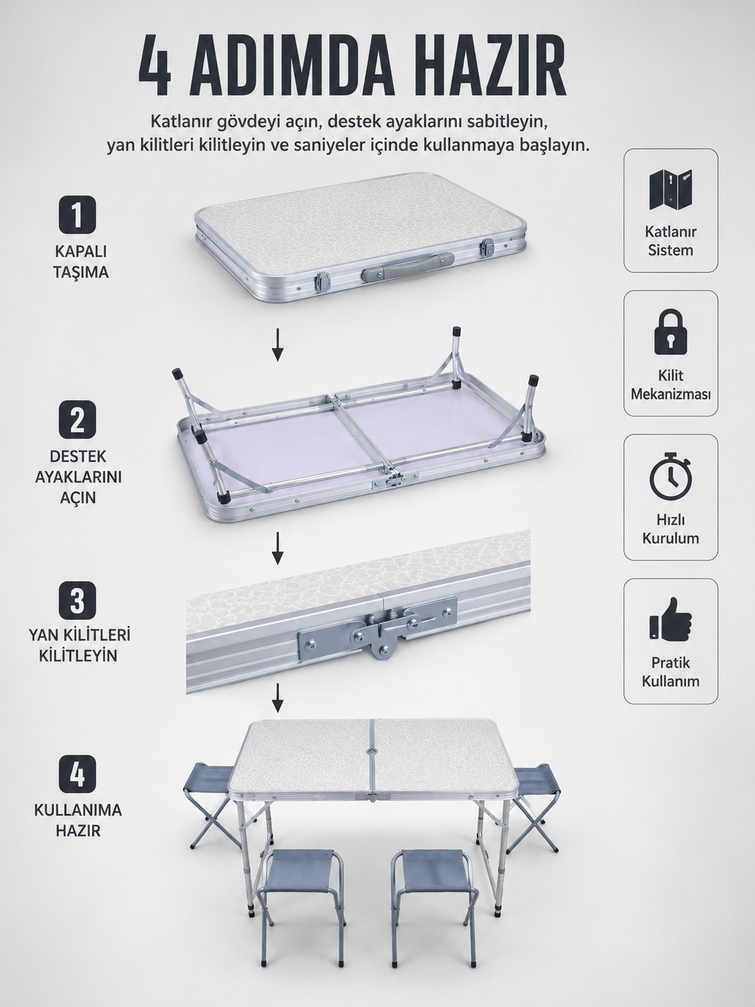 Valiz Tipi Katlanabilir Piknik Masası 4 Tabureli Taşınabilir Kamp Masası