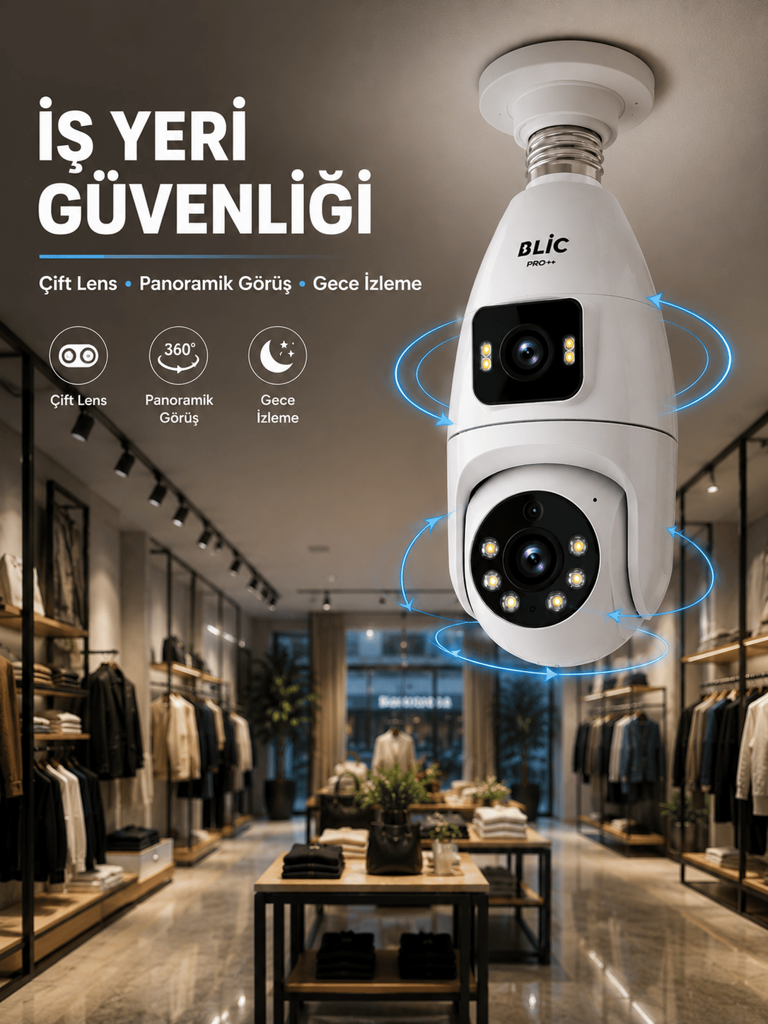 Wi-Fi Çift Lens Ampul Kamera  Akıllı Ev Güvenliği