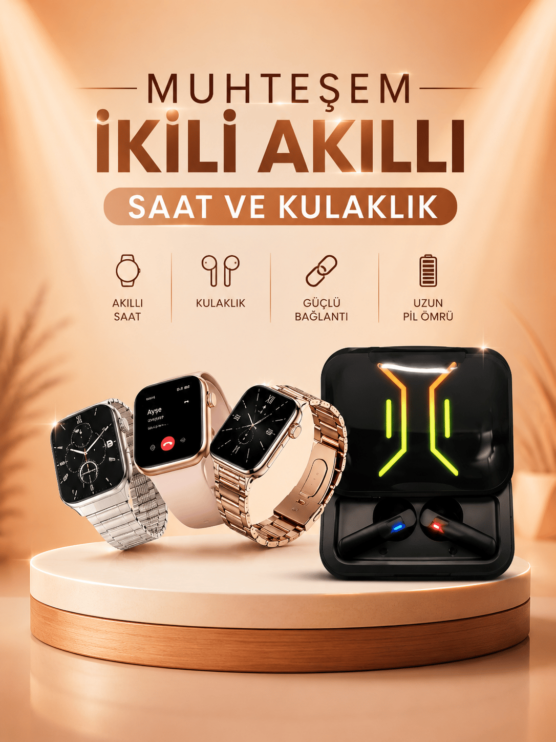 Wireless Şarjlı Akıllı Saat ve Dijital Göstergeli Kablosuz Bluetooth Kulaklık Nabız Ölçer