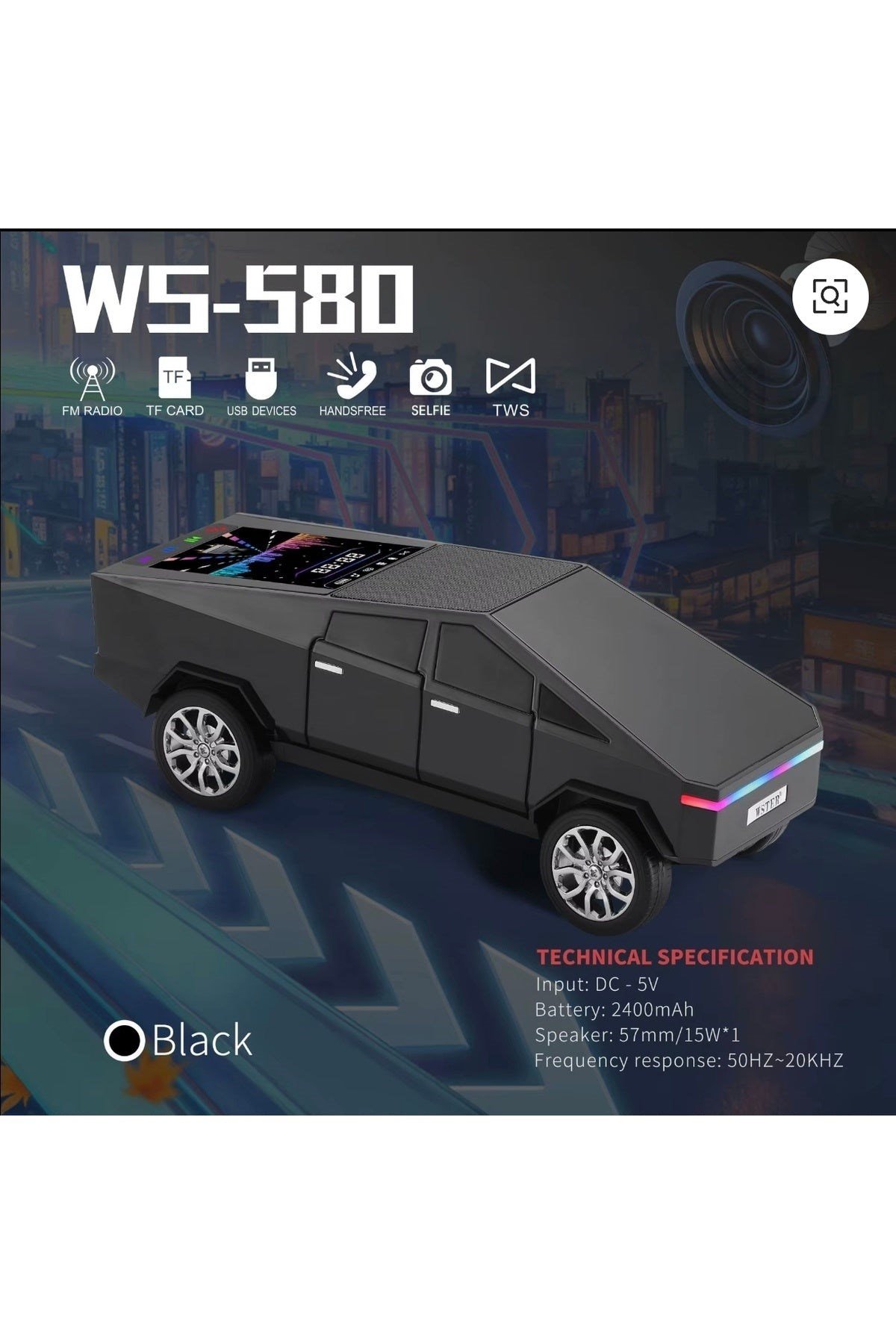 Wster WS-580 Bluetooth Hoparlör (Cybertruck, LED)