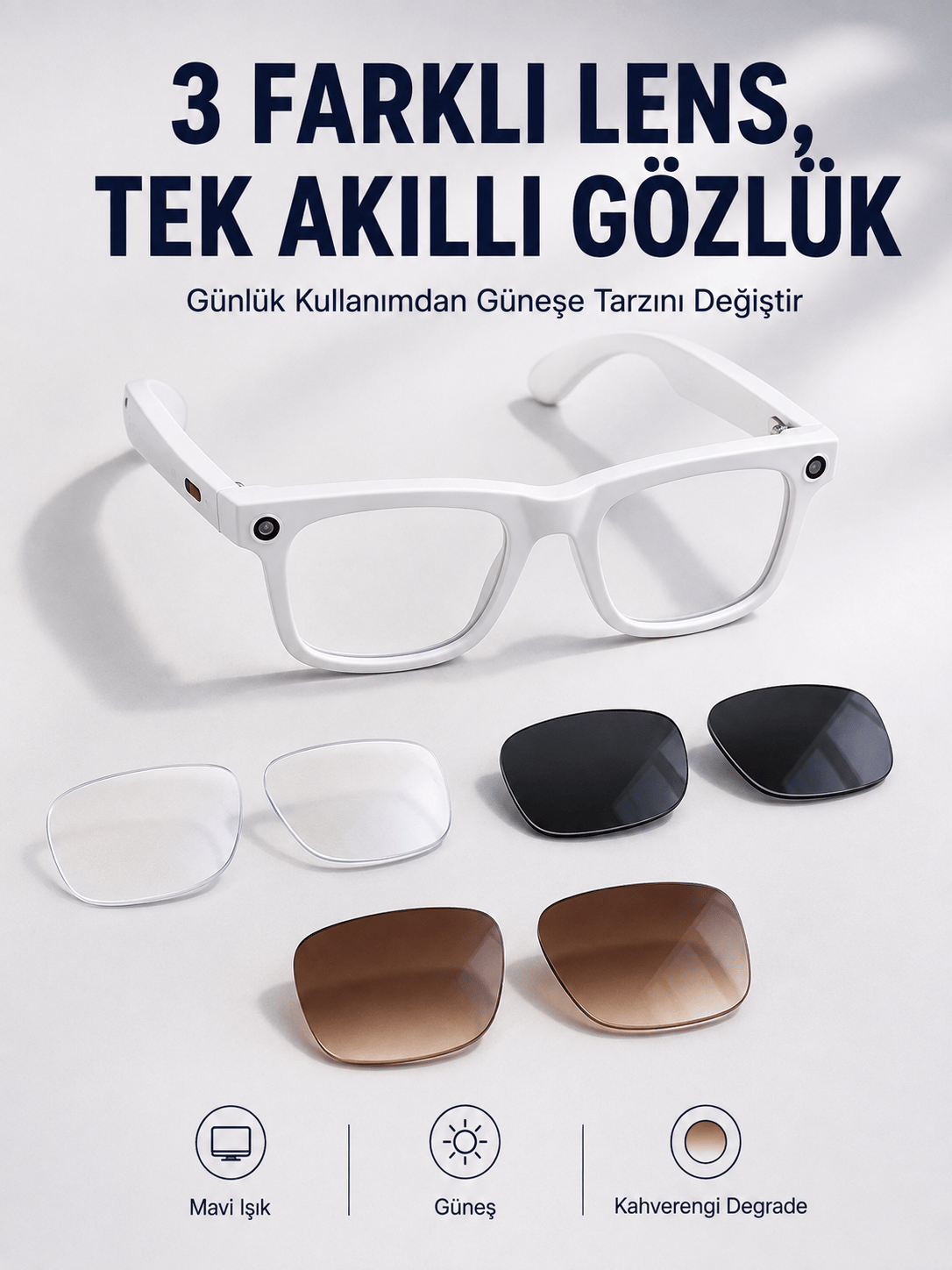 Yapay Zeka Destekli Akıllı Gözlük Dahili Kameralı Bluetooth Müzik ve Arama Özellikli Ses Kontrollü Değiştirilebilir Lensli