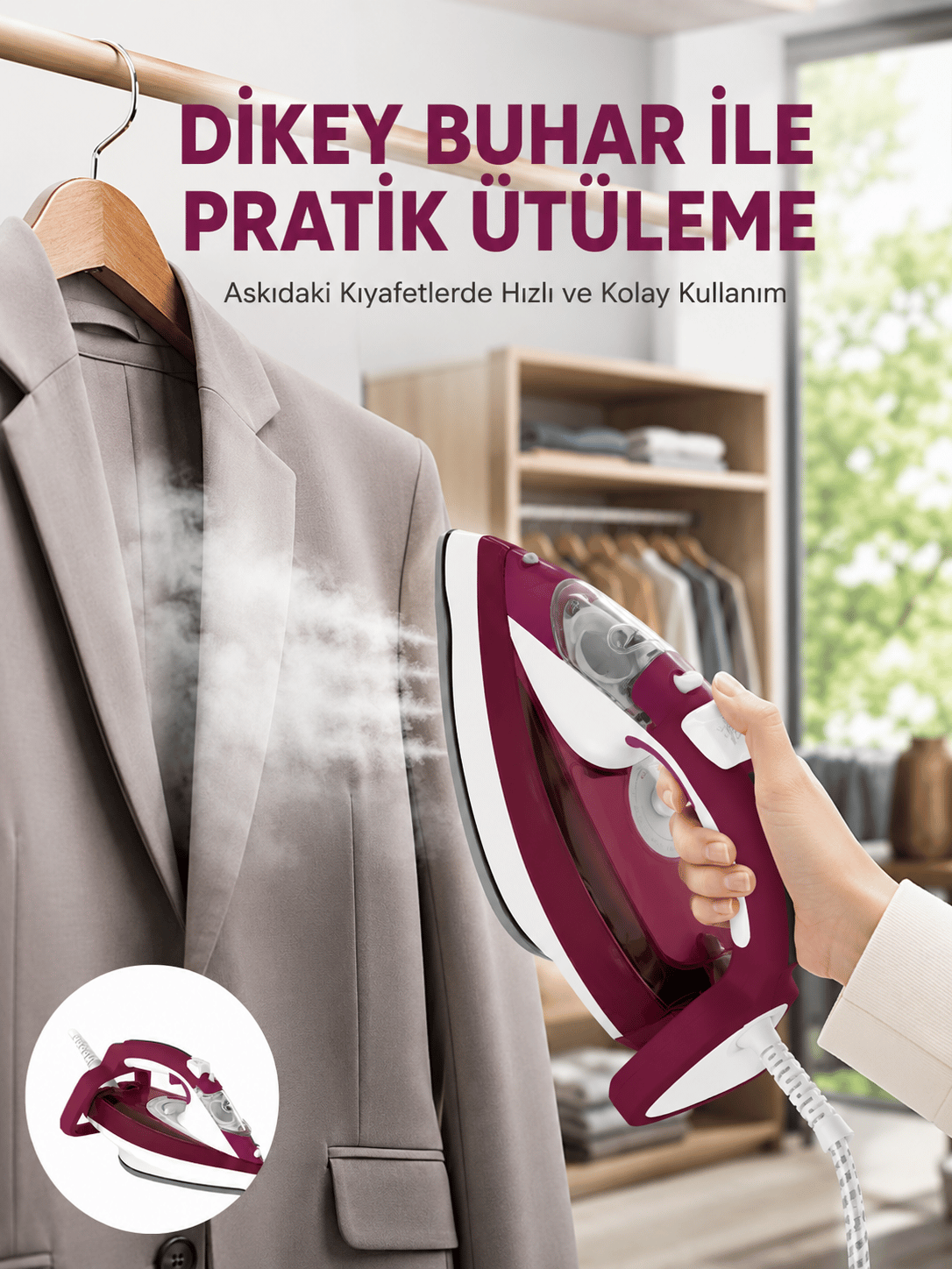 Yeni Nesil Kırmızı Buharlı Ütü 2200 Watt Seramik Tabanlı Yüksek Buhar Gücü