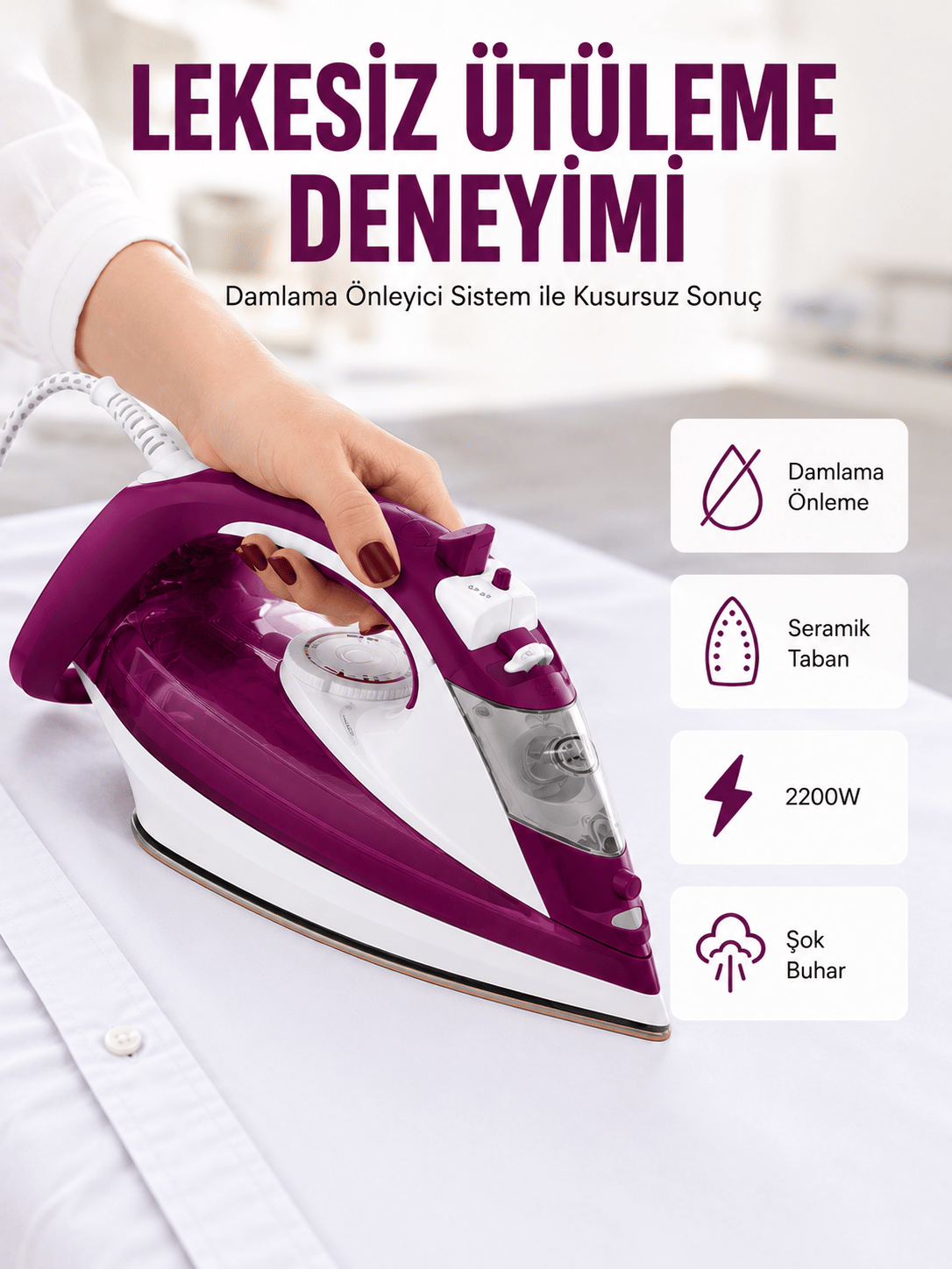 Yeni Nesil Kırmızı Buharlı Ütü 2200 Watt Seramik Tabanlı Yüksek Buhar Gücü Yeni Nesil